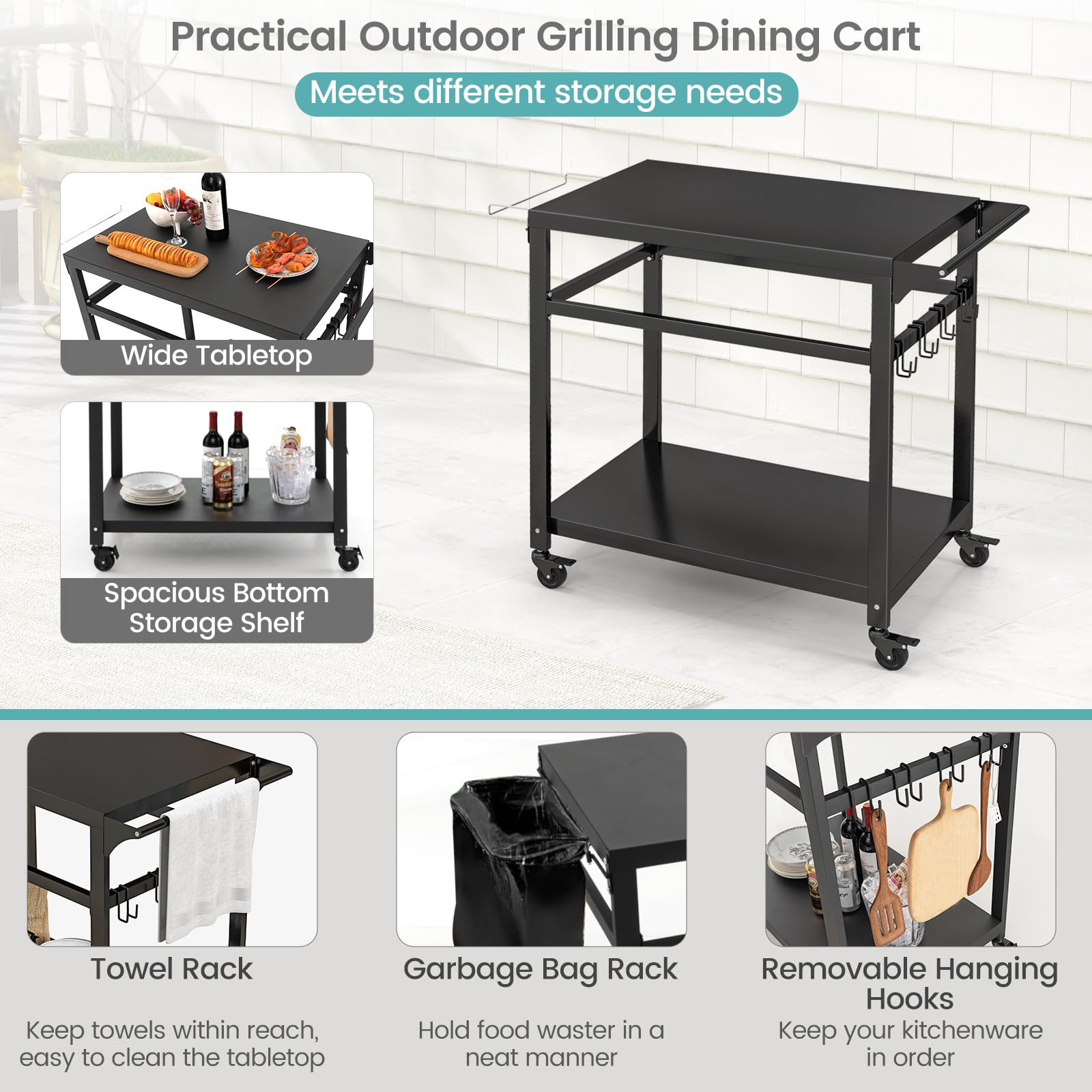 Giantex Outdoor Grill Cart with Lockable Wheels - Double Shelf BBQ Prep Table, Pizza Oven Stand with Garbage Bag Holder & Removable Hooks | Portable Kitchen Cart for Backyard BBQ, Camping, Tailgating & Outdoor Dining Parties