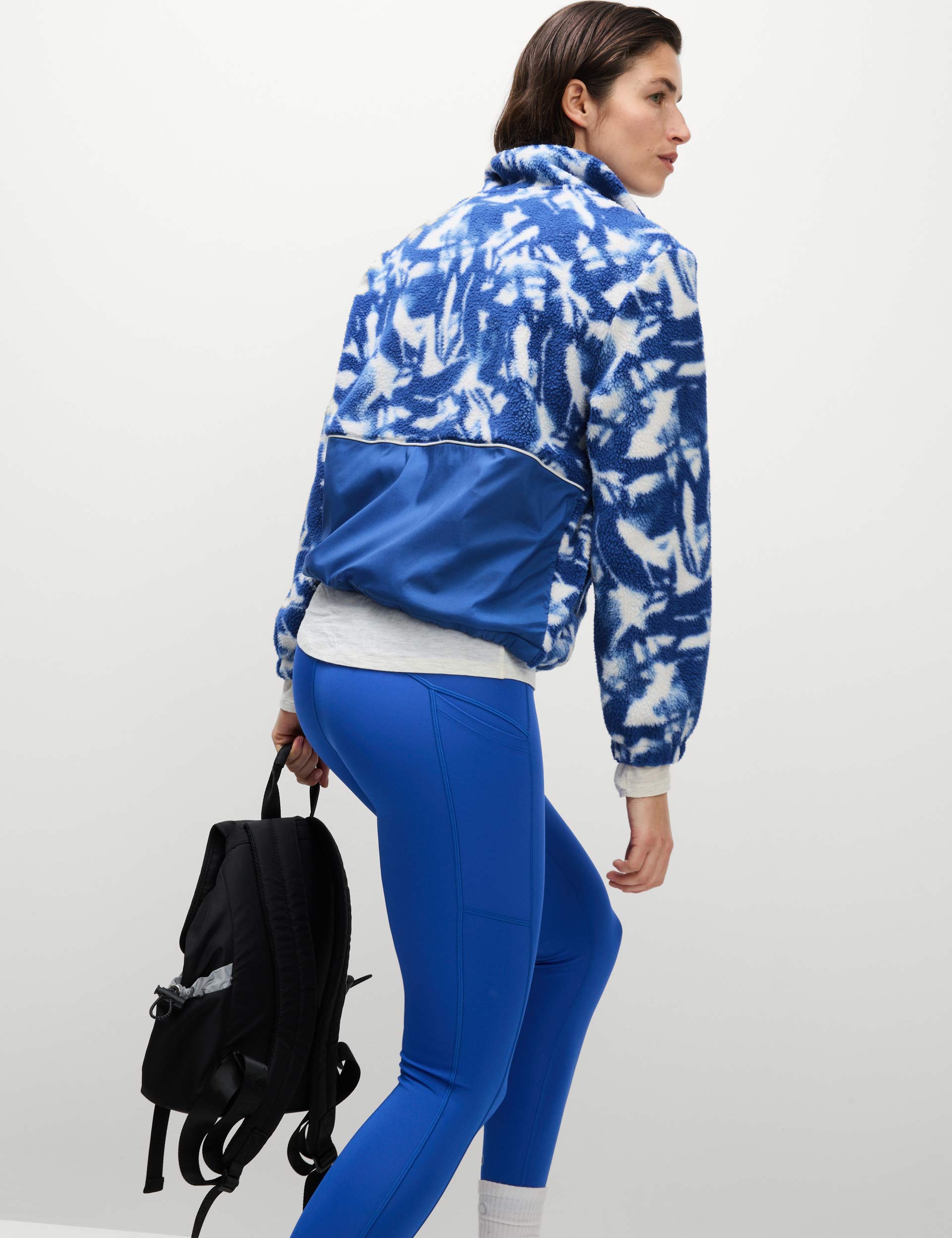 Borg Printed Funnel Neck Zip Up Fleece Jacket - Blue/White - Warm Winter Outerwear for Men & Women - Perfect for Hiking, Camping & Outdoor Activities