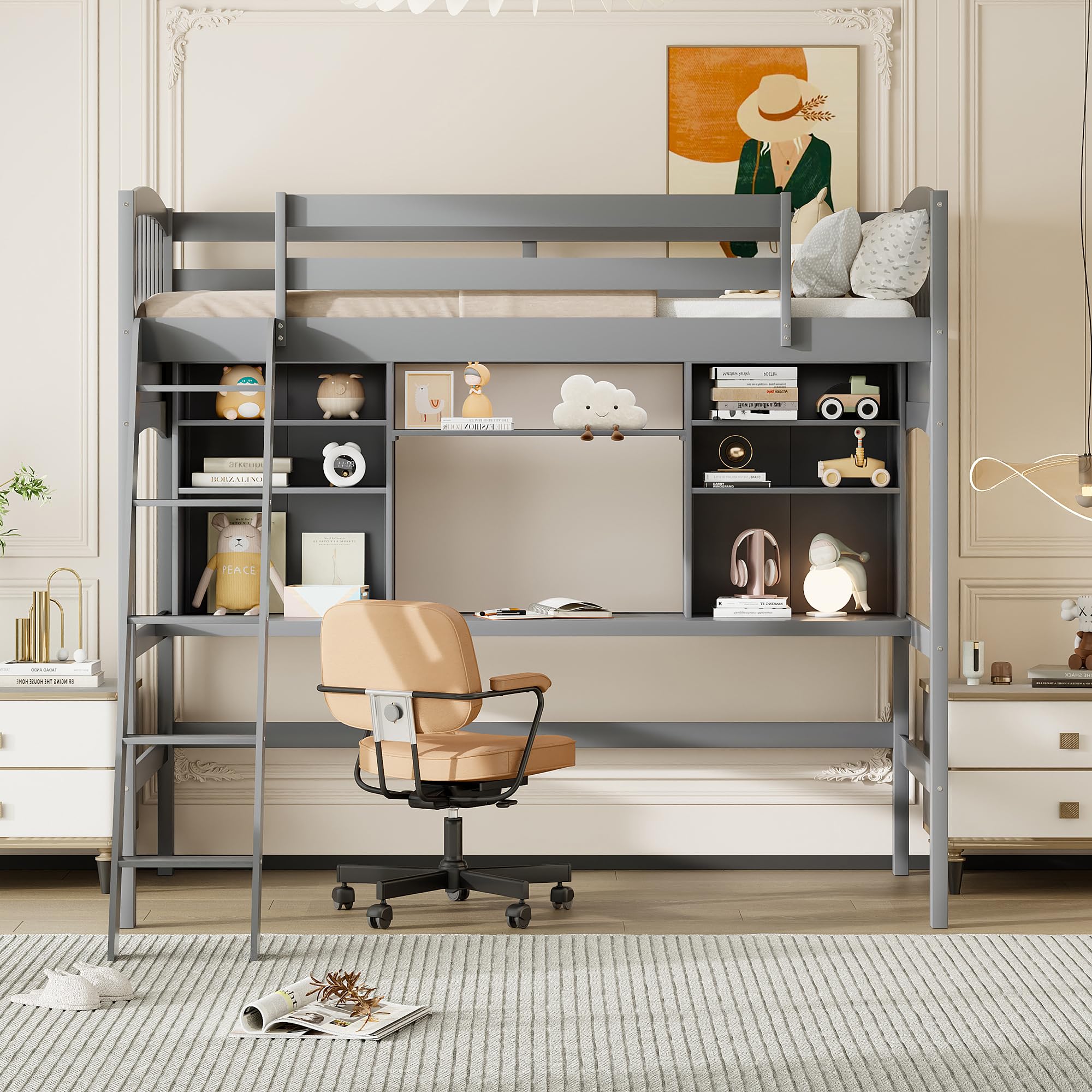 Merax Twin Size Loft Bed with Desk and Shelves - Solid Wood Loft Bed Frame in Gray | Space-Saving Study & Sleep Solution for Small Bedrooms, Dorms & Kids Rooms