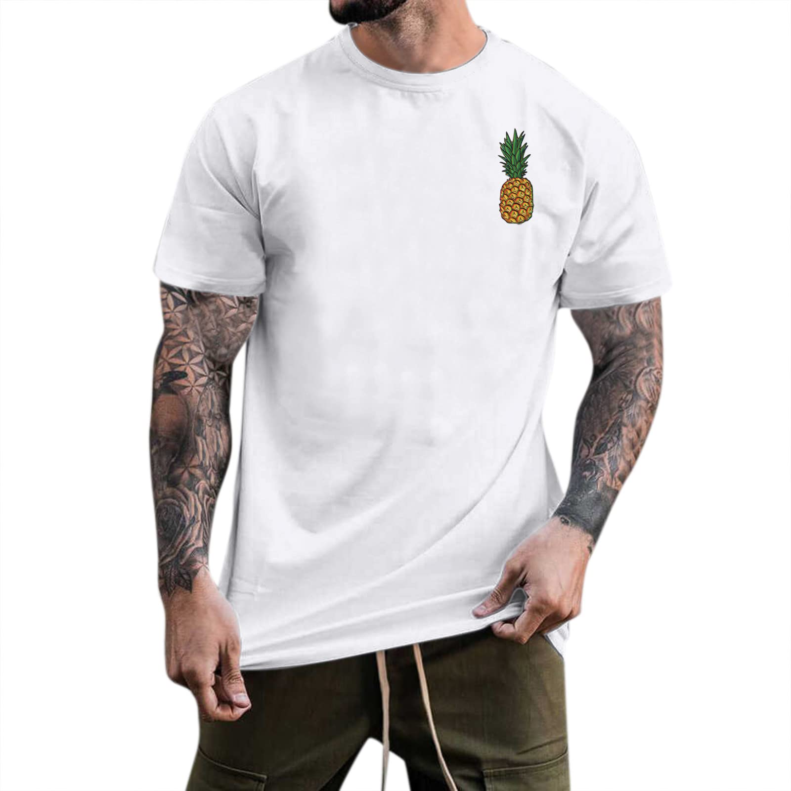 YOUNGC Men's Summer Casual Pineapple Print T-Shirt - Short Sleeve Round Neck Cotton Top for Beach, Vacation & Streetwear (White)