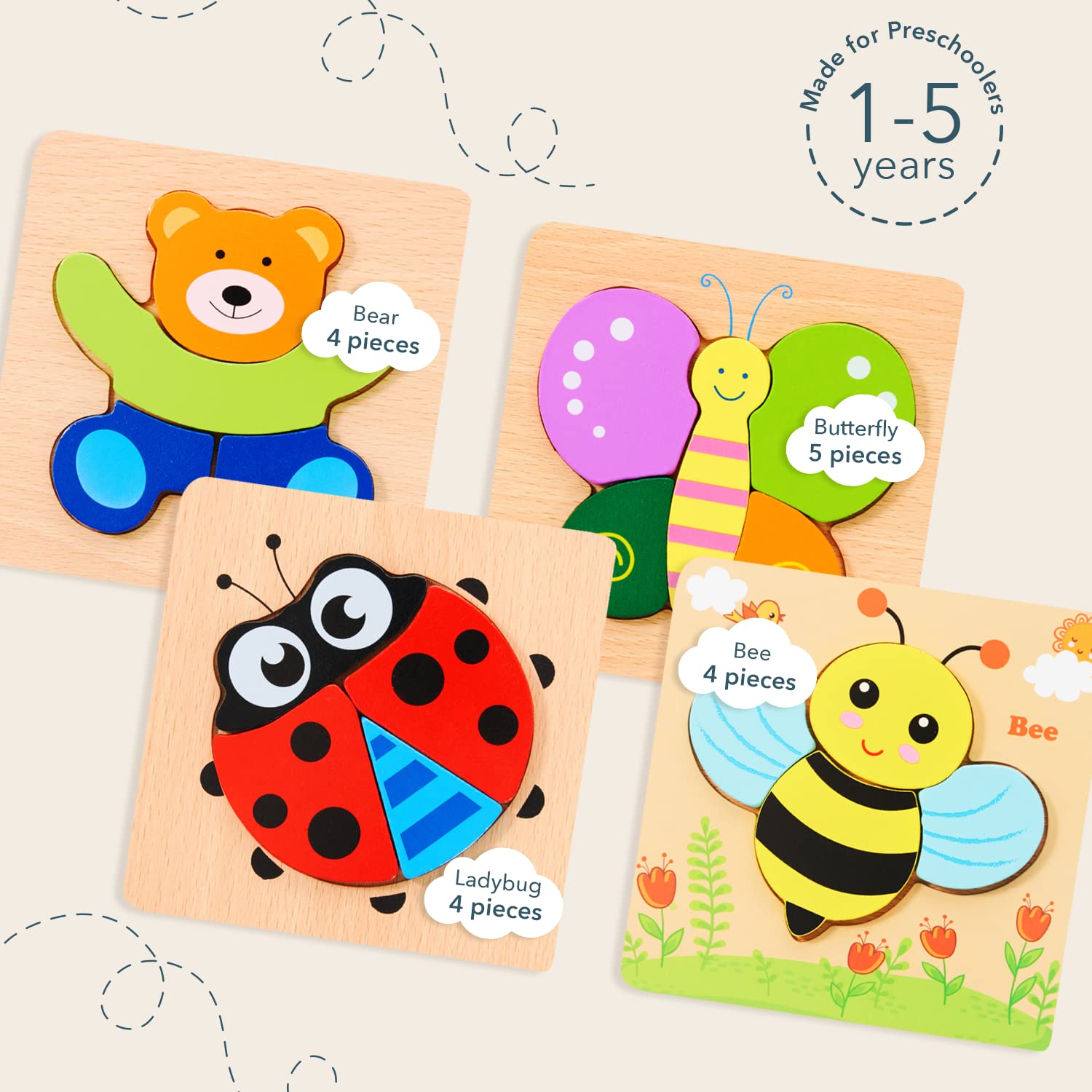 Magifire Wooden Puzzles for Toddlers 1-3 Years - Set of 4 Montessori Learning Toys with Chunky Pieces (Butterfly, Bee, Ladybug, Bear) - Perfect for Early Childhood Development & Travel-Friendly with Storage Bag