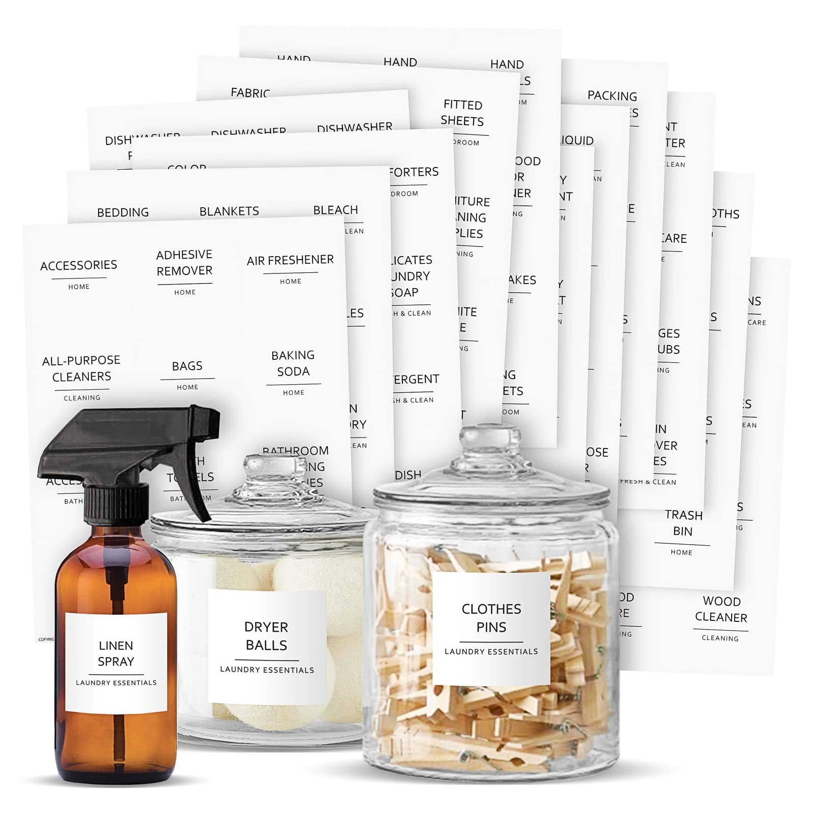 144 Minimalist Laundry Room Labels - Preprinted Organization Stickers for Glass Jars, Containers & Spray Bottles | Black Print on White Matte Backing | Pantry, Bathroom & Home Organization