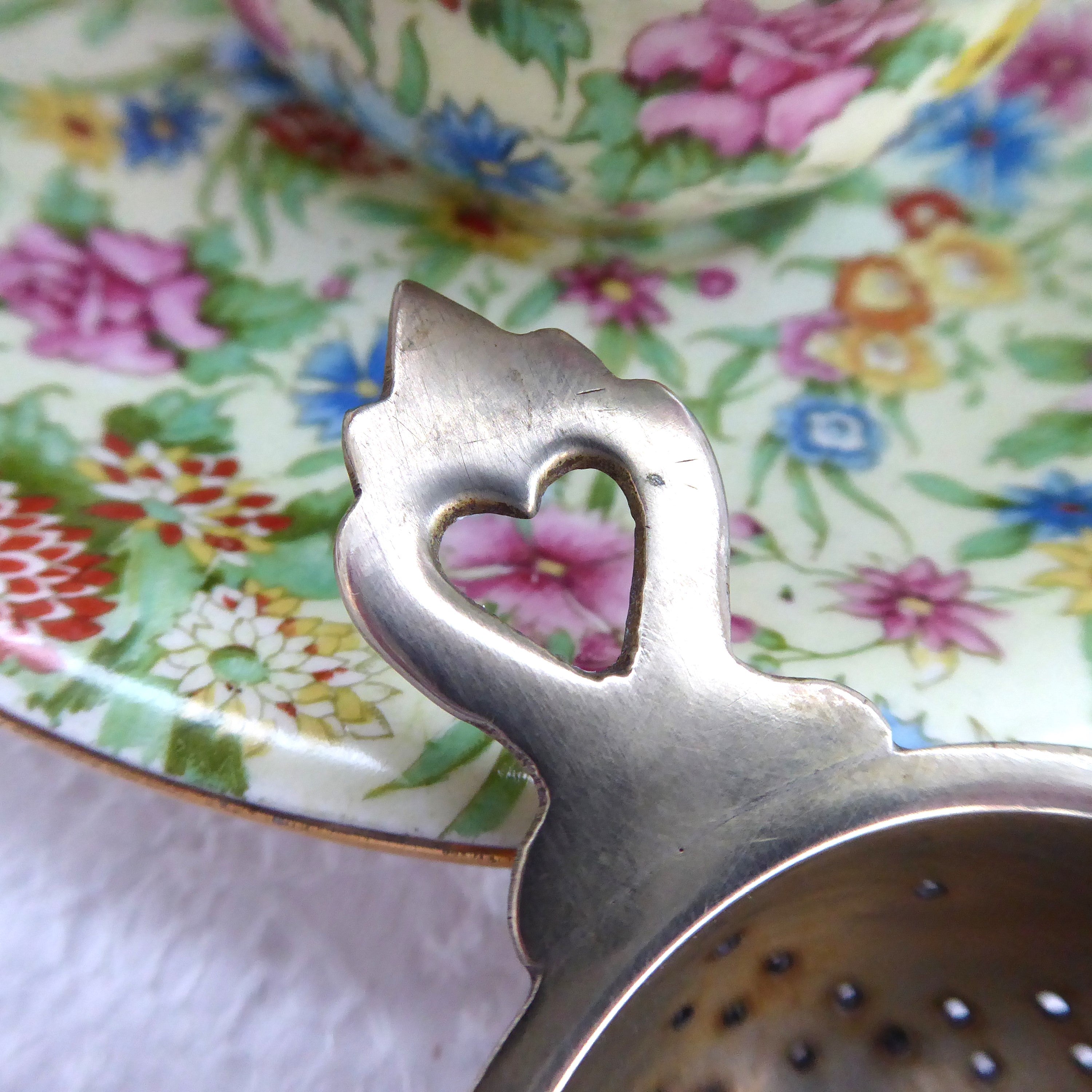 Vintage EPNS Tea Strainer with Pierced Heart Handle - 1920s 1930s England Antique Silver Tea Infuser - Perfect for Loose Leaf Tea Brewing & English Afternoon Tea Parties