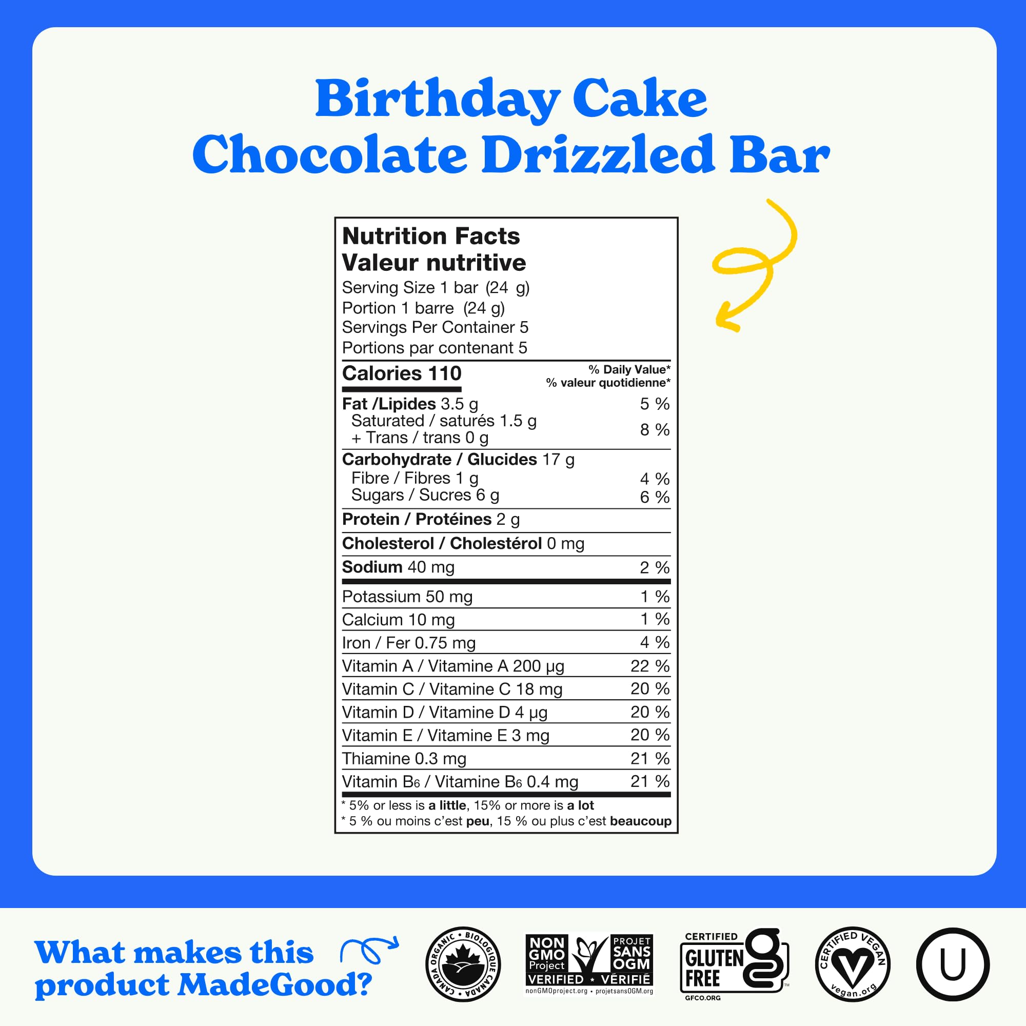 MadeGood Chocolate Drizzled Granola Bars, Birthday Cake Flavor, 24g (30 Count) - Gluten Free, Vegan, School Safe Snacks for Kids Lunch, After School Treats & On-the-Go Healthy Snacking