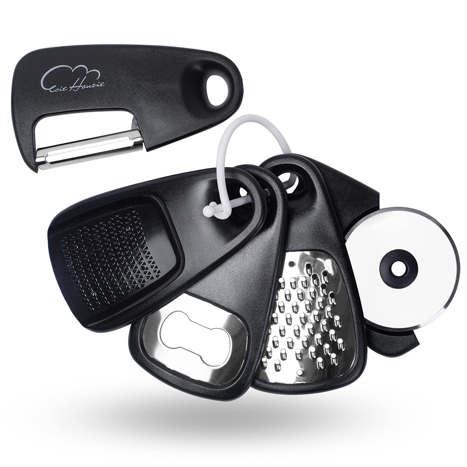 5-Piece Kitchen Gadgets Set - Space Saving Cooking Tools with Fruit & Vegetable Peeler, Cheese/Chocolate Grater, Bottle Opener, Pizza Cutter, Garlic Ginger Grinder - Perfect for Small Kitchens & Housewarming Gifts (Black)