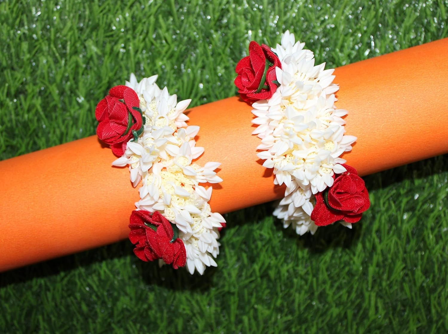 Mogra Scented Hair Bands for Women & Girls - 2 Pack Red Rubber Band Gajra Hair Accessories - Perfect for Weddings, Parties & Daily Styling