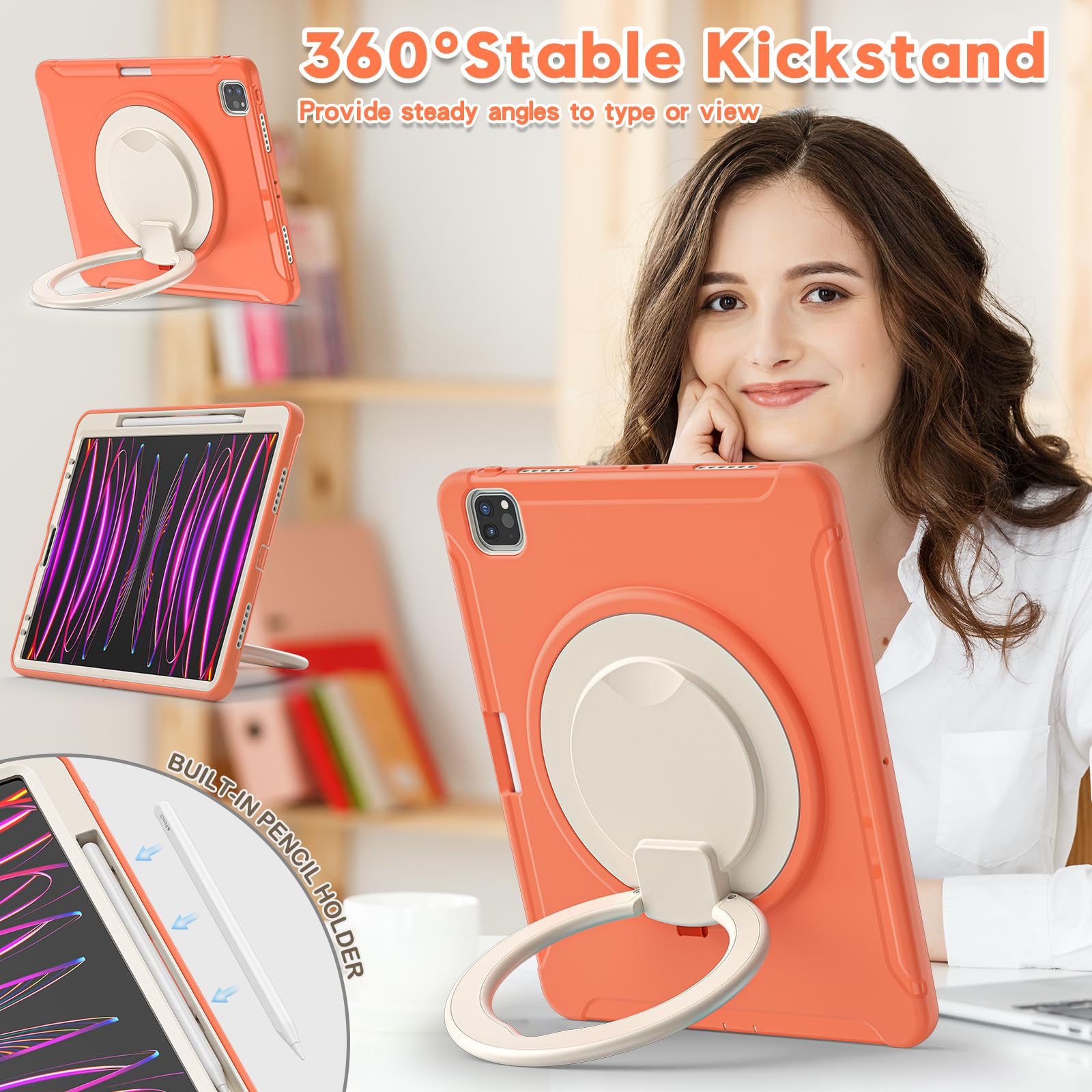 BATYUE iPad Pro 12.9 Case (6th/5th/4th/3rd Gen 2022-2018) - Shockproof Protective Cover with Apple Pencil Holder & 360° Rotating Stand | Perfect for Work, Study, and Travel - Orange