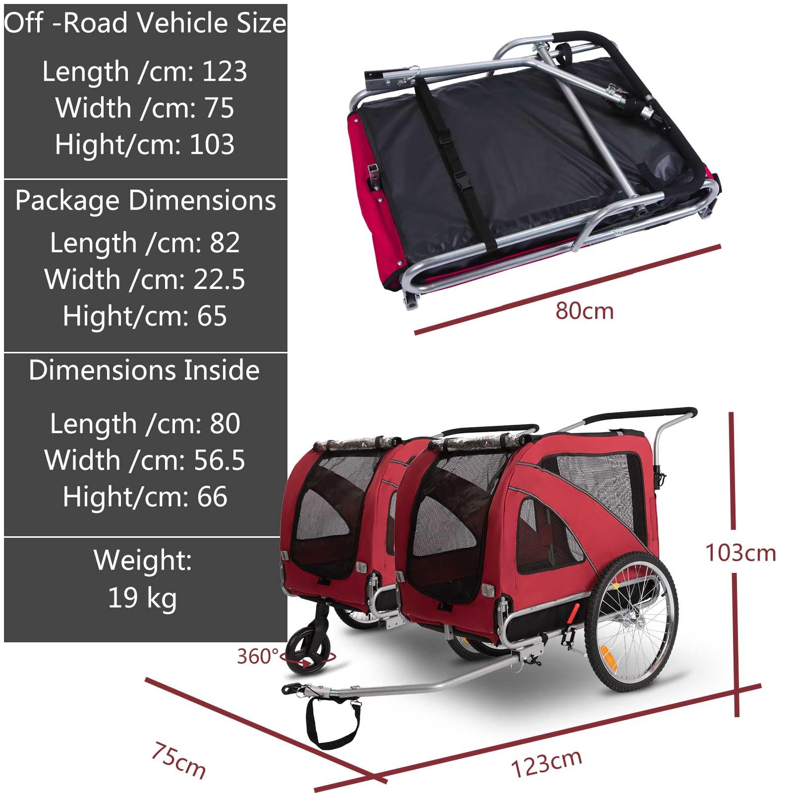 Sepnine 2-in-1 Large Dog Bike Trailer & Pet Stroller - Foldable Frame with Hand Lock Brakes & Universal Bicycle Coupler (Red) - Perfect for Cycling Adventures & Outdoor Walks with Your Dog