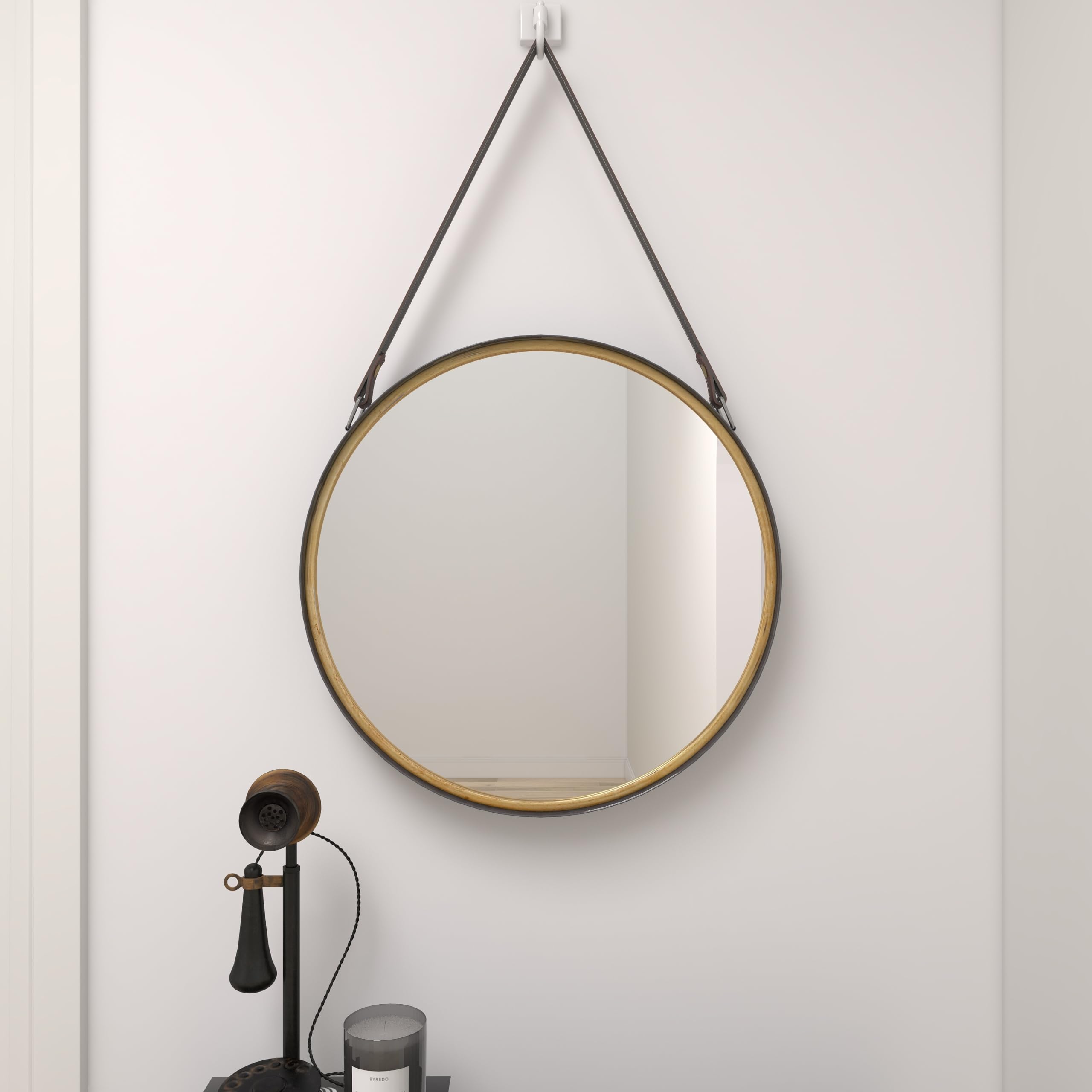Deco 79 Gold Metal Wall Mirror with Leather Strap - 20