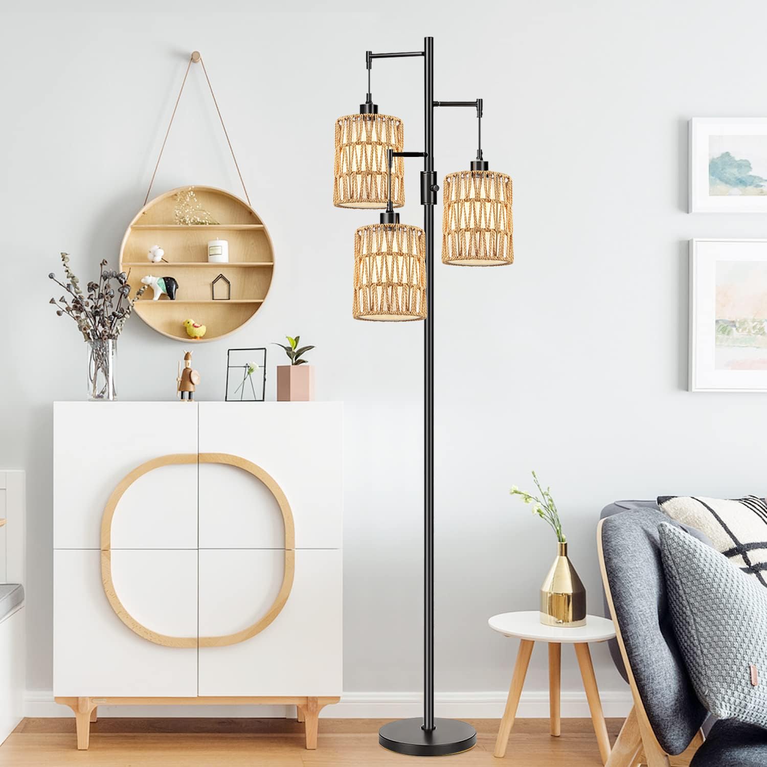 Boho Floor Lamp for Living Room & Bedroom - 3-Light Dimmable Standing Lamp with LED Bulbs, Rustic Tall Tree Design in Black - Perfect for Home Office, Corner Decor & Cozy Ambiance Lighting