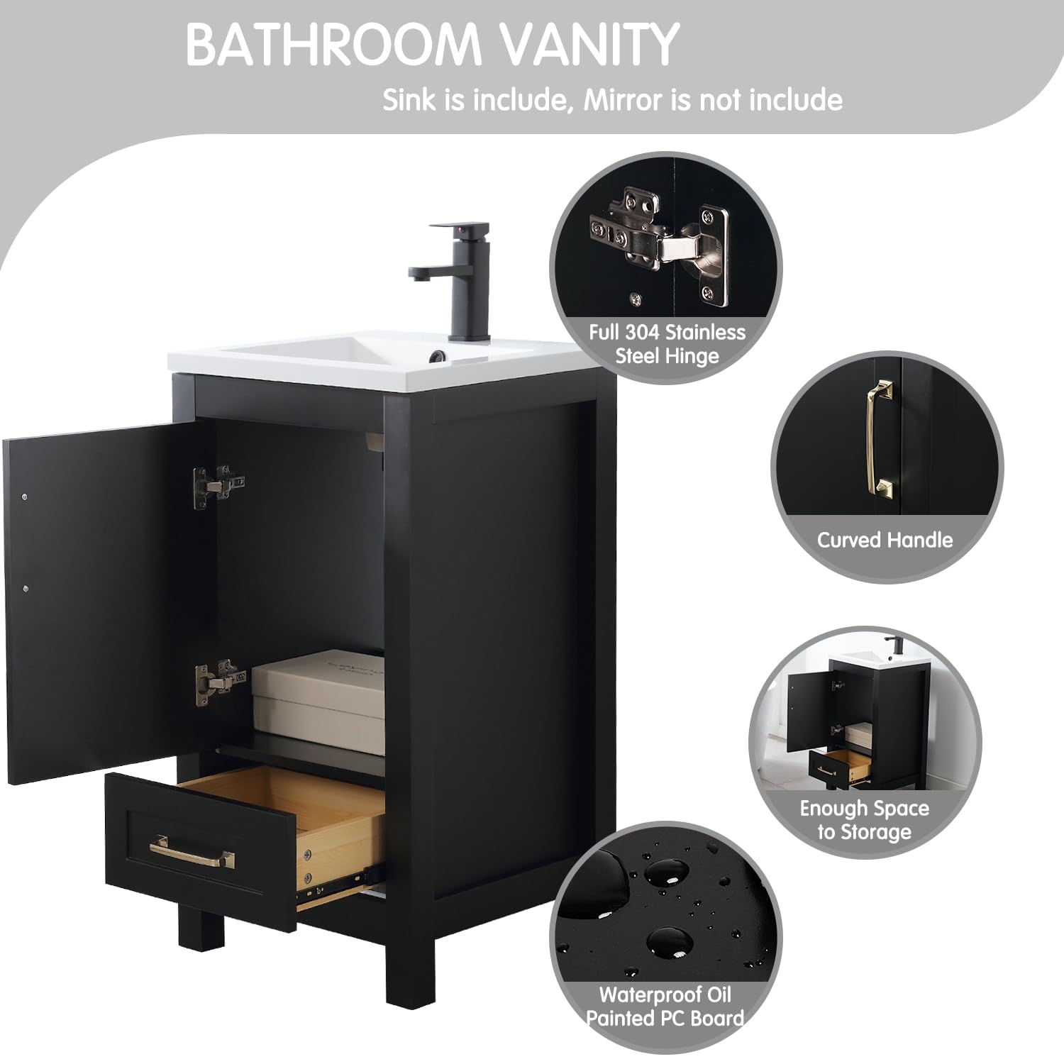 LUCKWIND 18 Inch Modern Black Bathroom Vanity with Ceramic Sink, Faucet & Storage Drawers - Space-Saving Cabinet for Small Bathrooms, Powder Rooms & Apartments | Perfect for Compact Spaces & Home Renovations