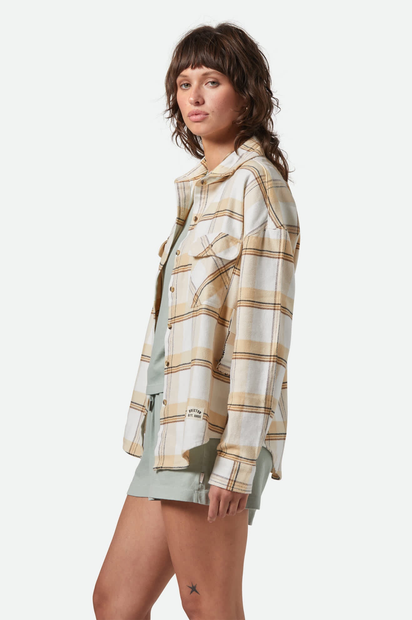 Bowery Women's Classic Long Sleeve Flannel Shirt - Off White/Semolina/Washed Copper Plaid - Cozy Fall & Winter Layering Essential for Casual Outfits