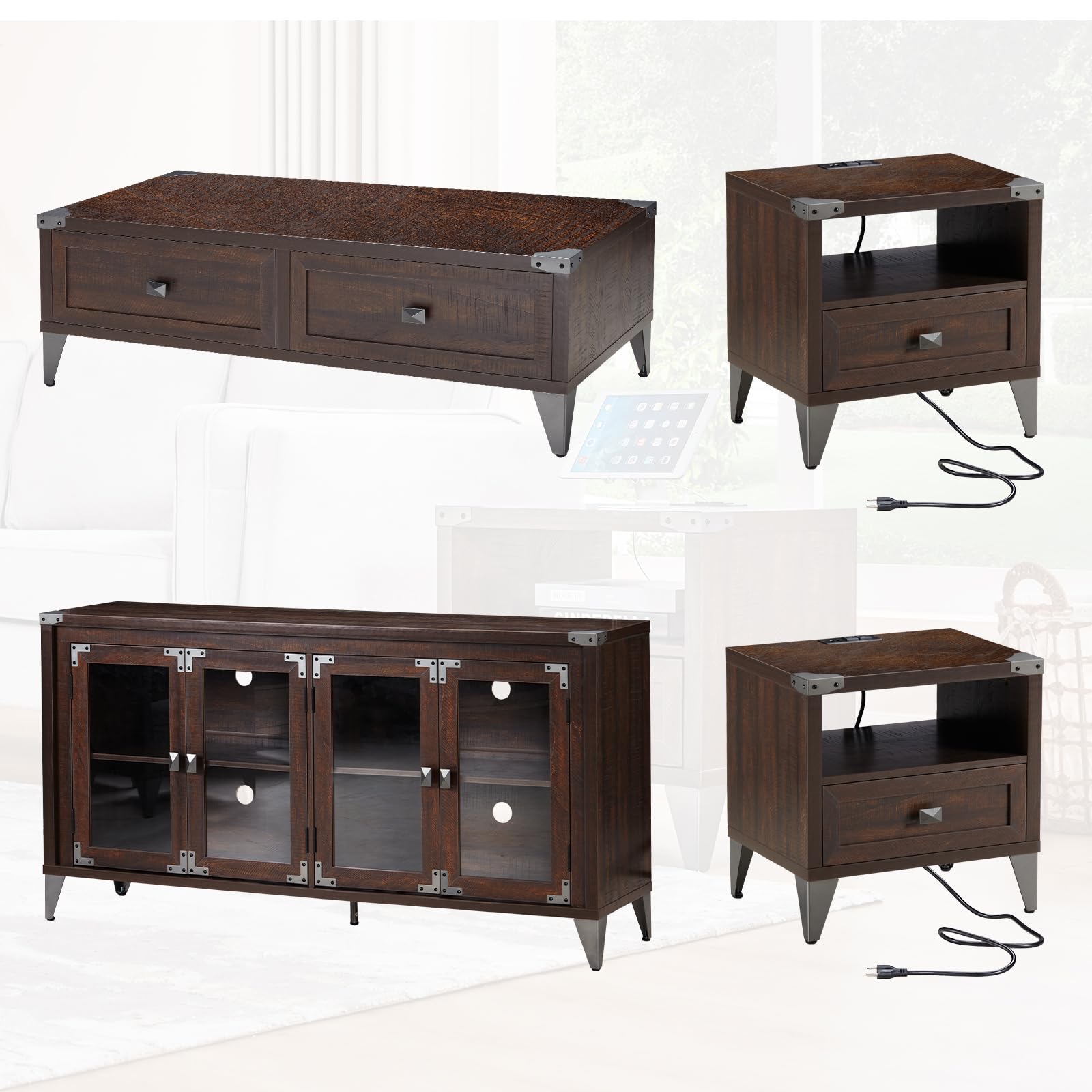 4-Piece Living Room Table Set - Farmhouse & Industrial Style TV Stand (63