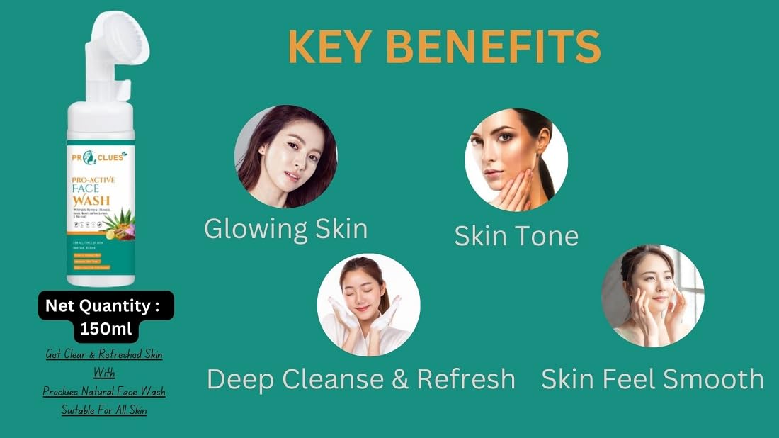 Proclues Refreshing & Deep Cleansing Pro-Active Face Wash with Herbal Extracts - Fights Pimples, Brightens Skin, Reduces Dark Spots & Improves Texture (150ml) | Gentle Daily Cleanser for Oily, Acne-Prone & Sensitive Skin