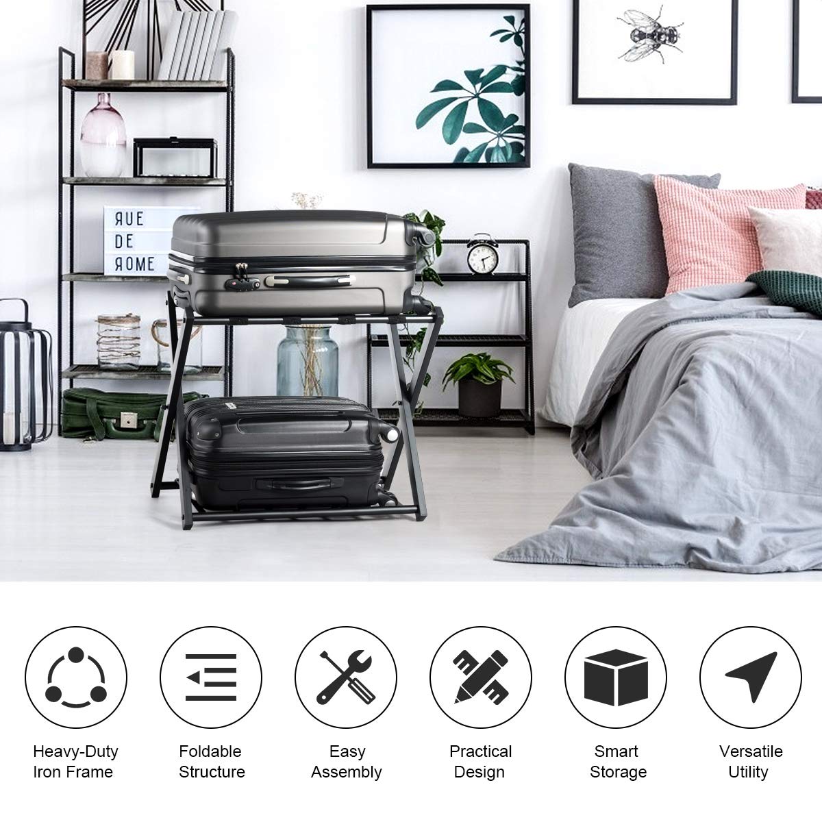 Tangkula 3-Pack Folding Luggage Rack with Storage Shelf - 2-Tier Suitcase Stand with Durable Straps & Protective Cover - Space-Saving Large Luggage Holder for Bedroom, Guest Room, Hotel & Travel Use (Black)