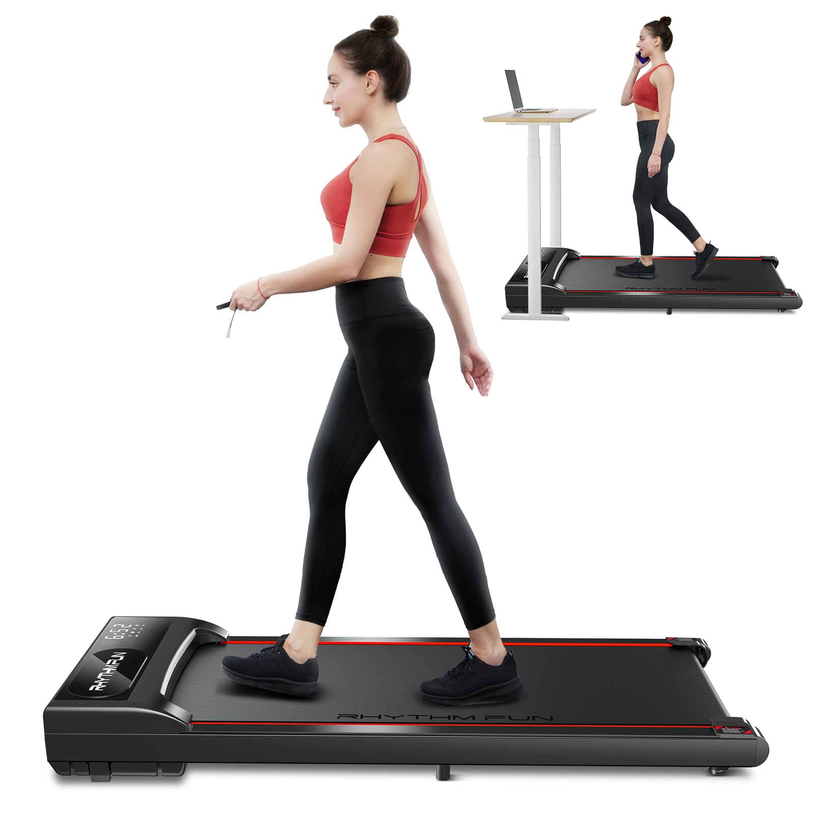 RHYTHM FUN Under Desk Treadmill with Incline - 300 Lbs Capacity, Remote Control & LED Display - Portable Walking Pad for Home Office, Small Spaces & Apartment Workouts - Perfect for Work from Home, Fitness & Compact Exercise