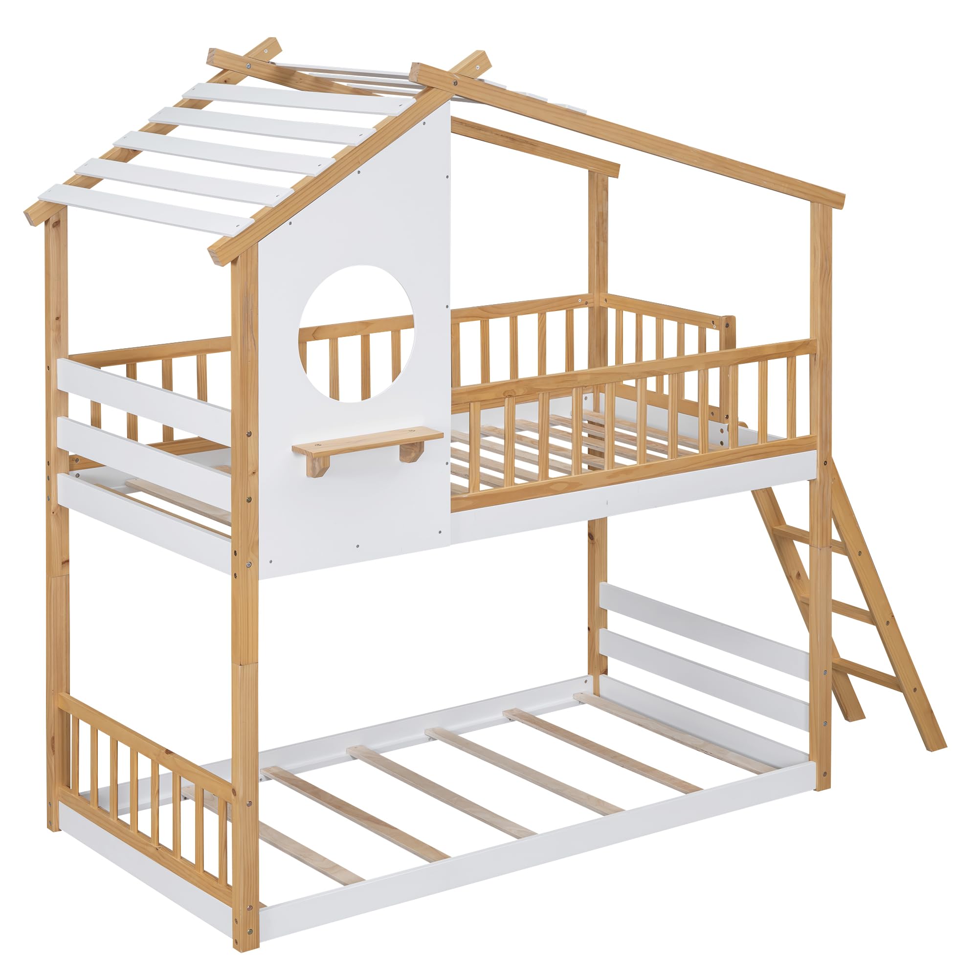 Twin Over Twin Wood Bunk Bed with Roof & Window - Sturdy Ladder Included | Space-Saving Kids & Teens Bunk Bed | No Box Spring Needed | Perfect for Small Bedrooms & Shared Kids' Rooms