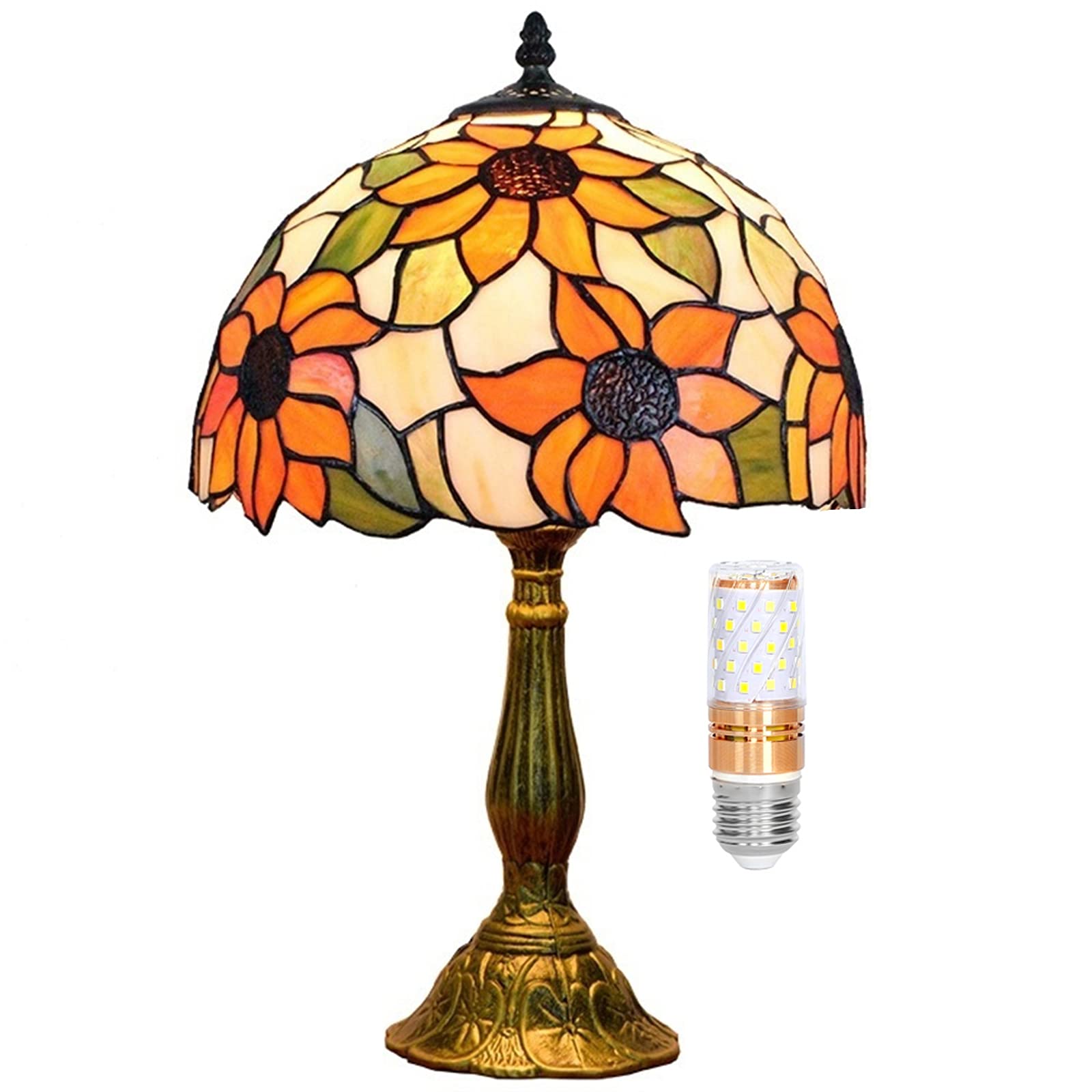 Tiffany Stained Glass Table Lamp - Sunflower Yellow Handcrafted Art Deco Style for Bedroom, Living Room, Office & Dorm | Includes LED Bulb | Perfect for Reading, Nightstand Lighting & Home Decor Gift (12x12x18 Inches)