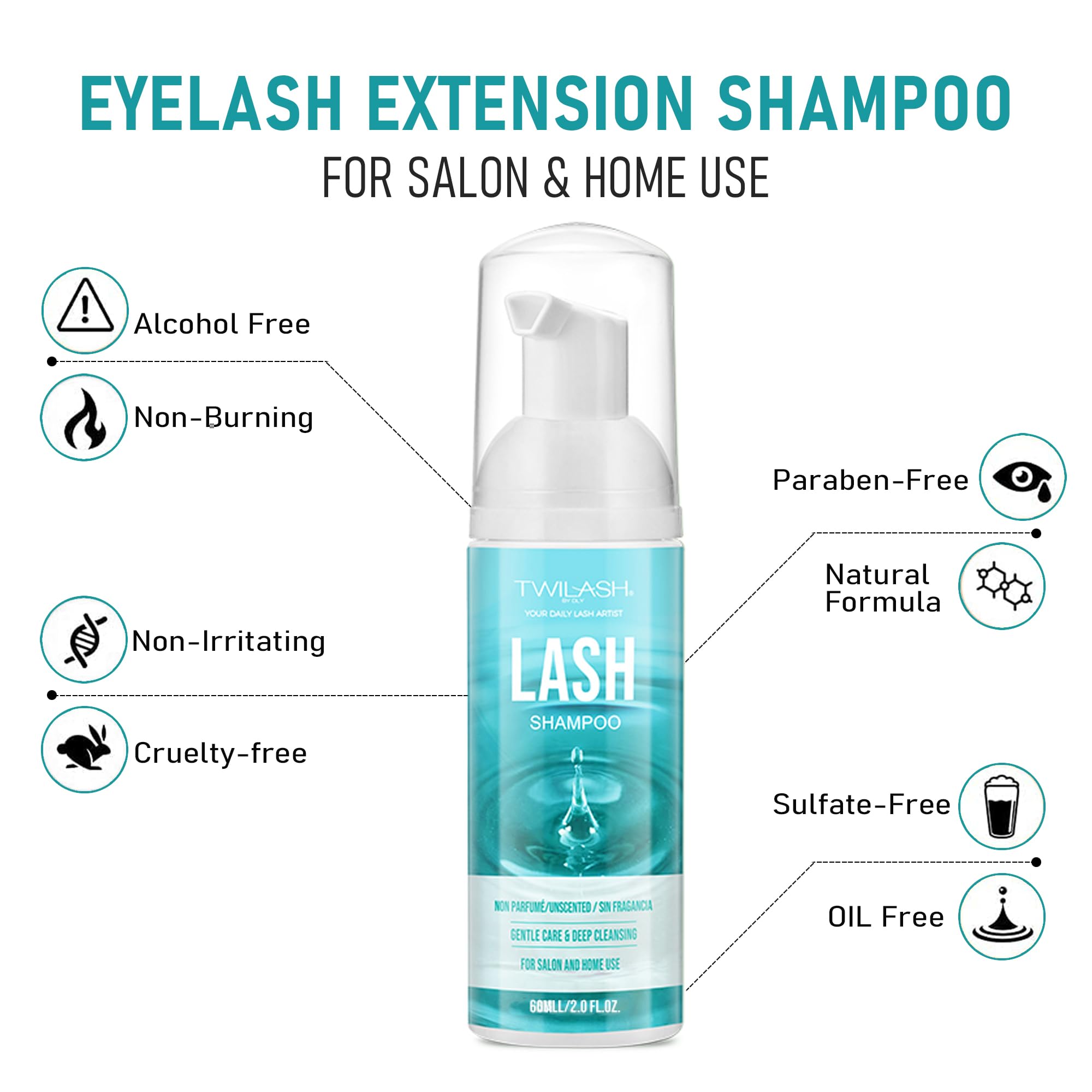 Unscented Eyelash Extension Shampoo - 2 Fl Oz (60ml) with 2 Cleansing Brushes - Professional & Home Use Lash Cleanser for Safe Daily Cleaning & Salon Care