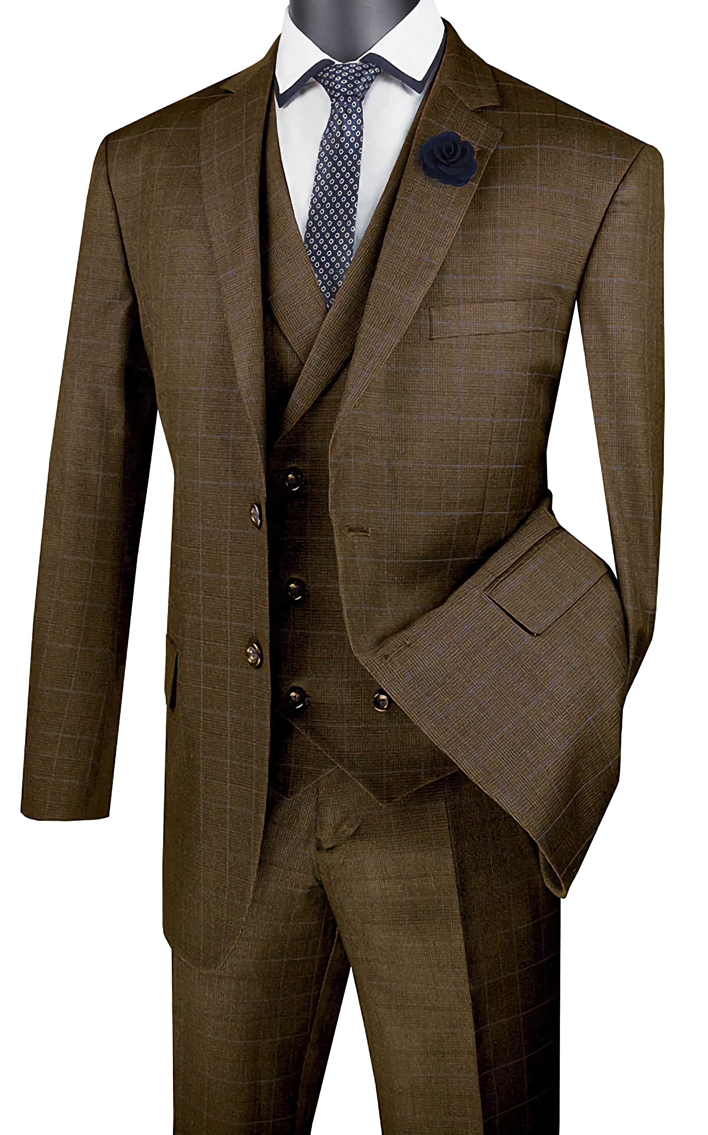 Victoria Collection Taupe Regular Fit Glen Plaid 2-Button 3-Piece Suit for Men | Business Formal & Wedding Attire | Office, Interviews & Special Occasions