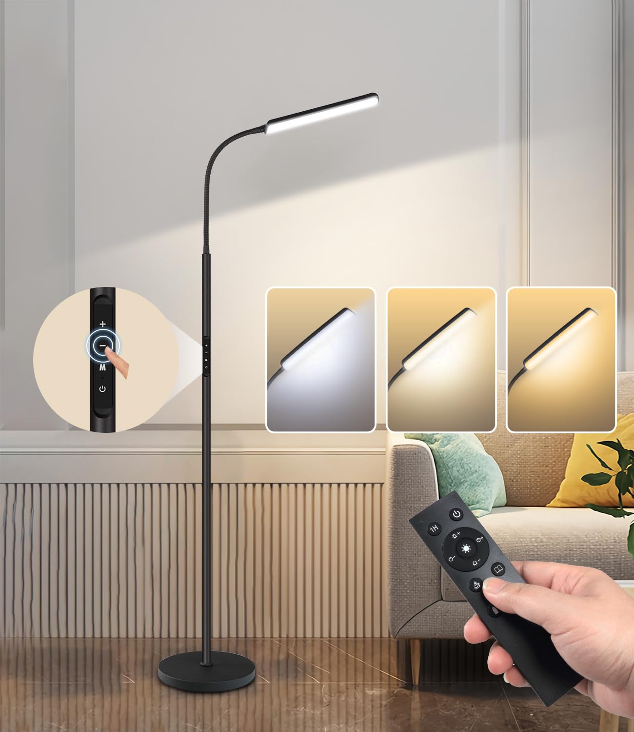 Dimunt LED Floor Lamp - 15W Bright Adjustable Standing Light with Remote & Touch Control, 3000K-6000K Color Temperature, 1H Timer - Perfect for Living Room, Bedroom & Reading Nook