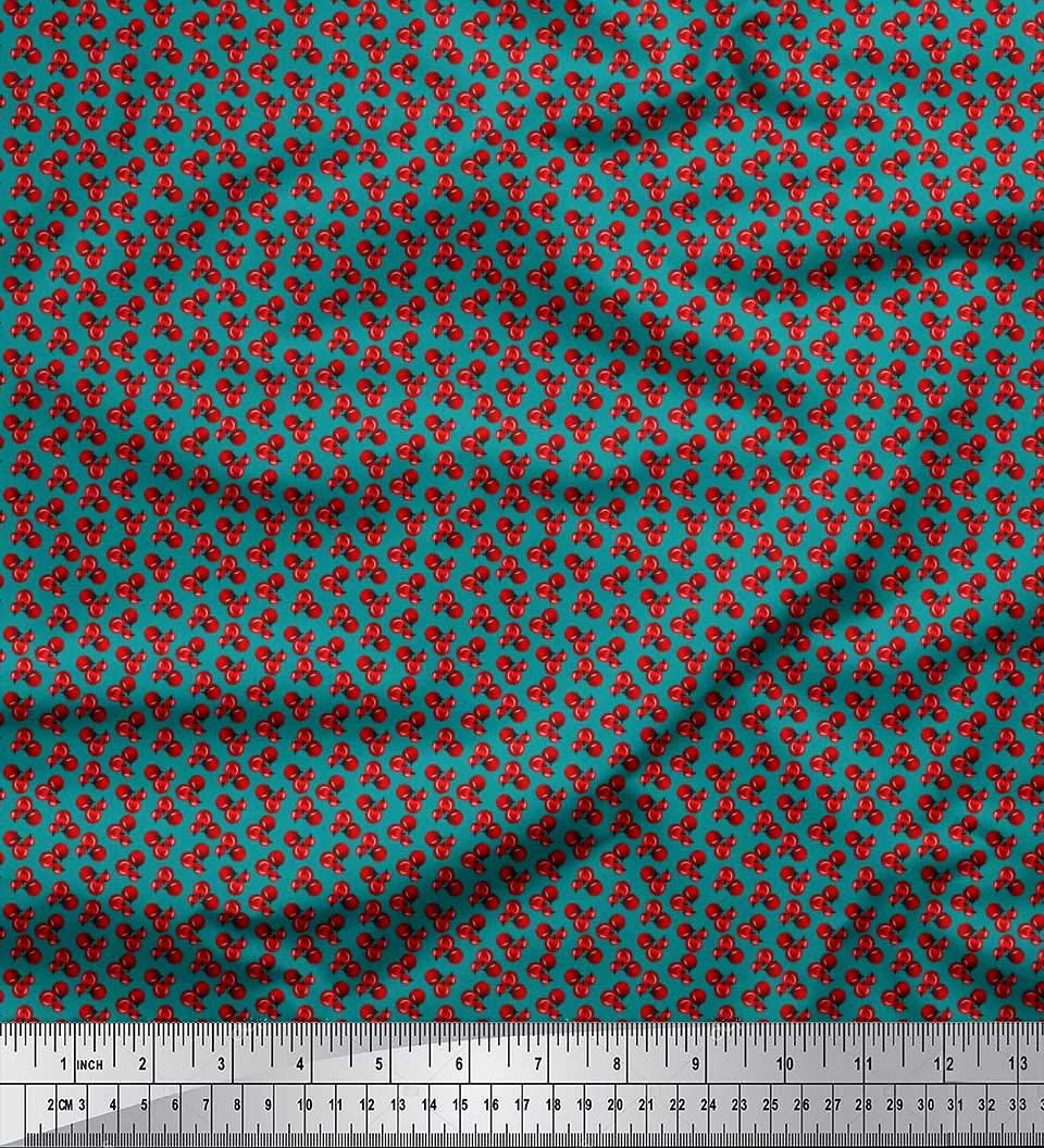 Soimoi Green Silk Fabric by The Yard - 42 Inch Wide - Red Berries Fruit Print Shirting Material for Dresses, Blouses & DIY Sewing Projects - Fruity Delight Design