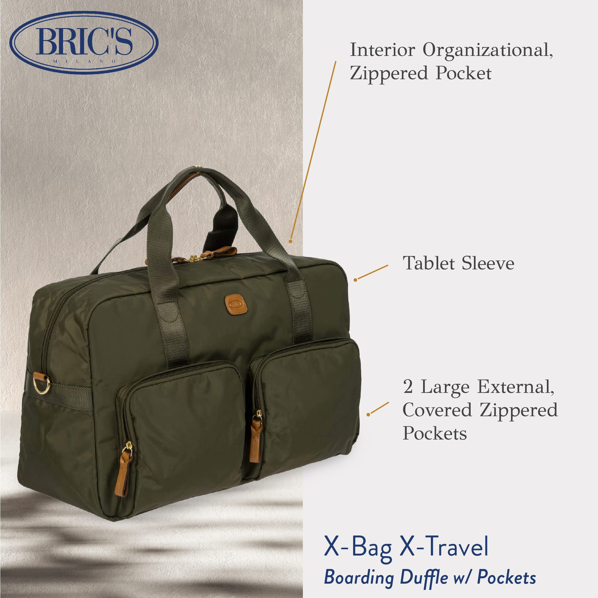 Bric's X-BAG 18-Inch Cargo Duffle Bag - Premium Olive Travel Bag with Luggage Sleeve | Water-Resistant Satin Nylon Carry-On & Weekender | Perfect for Business Trips, Gym & Weekend Getaways
