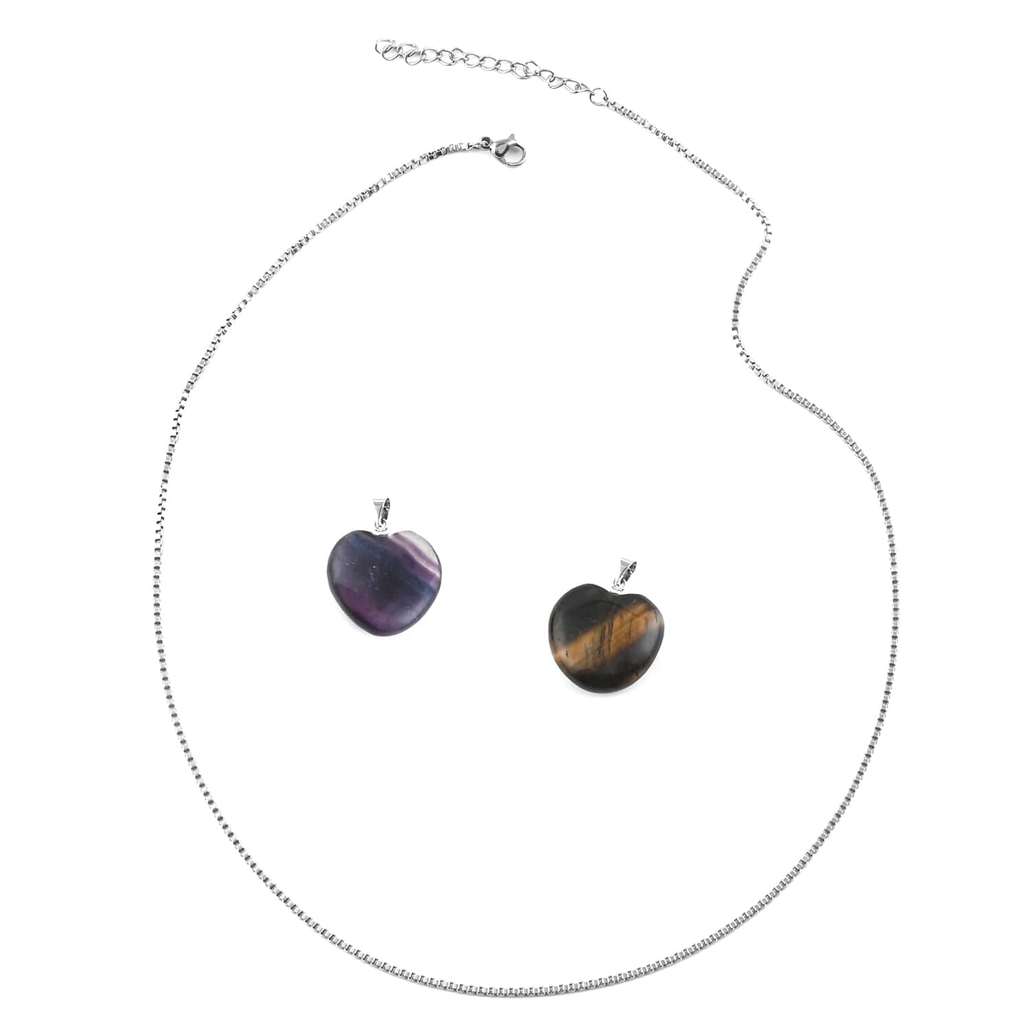 SHOP LC Women's Engagement Jewelry Set - 2 Heart Multi Fluorite & Tiger's Eye Pendant Necklace (18