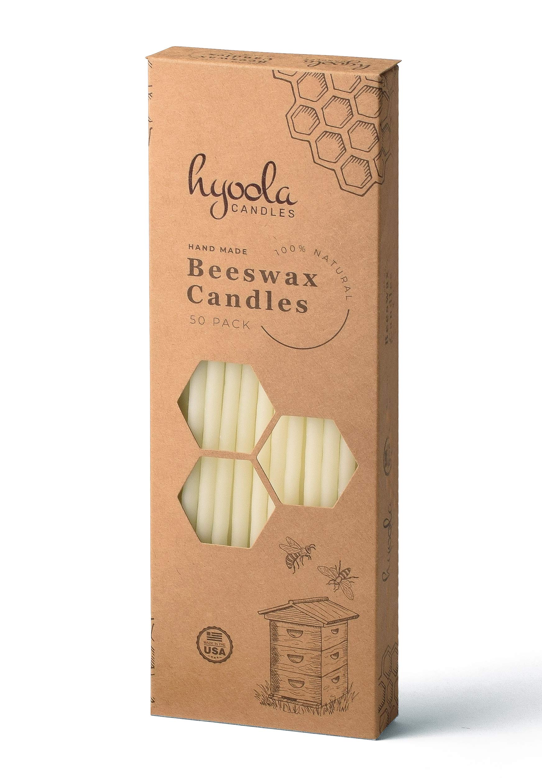 Hyoola Beeswax Birthday Candles 50 Pack - Natural Dripless Taper Candles for Parties & Decor