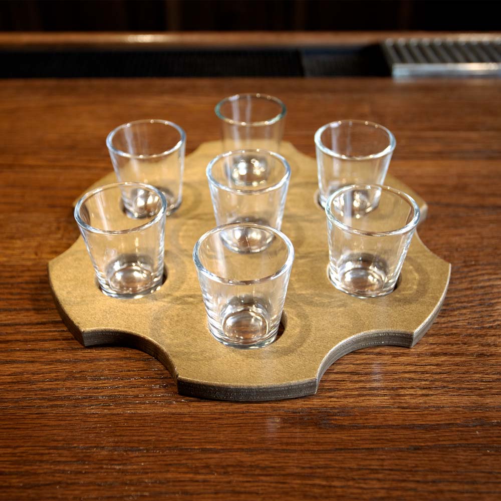 6 Shooter Wooden Shot Glass Holder & Bottle Topper Set - Black or Stained Finish - Perfect for Home Bars, Parties, and Whiskey Lovers
