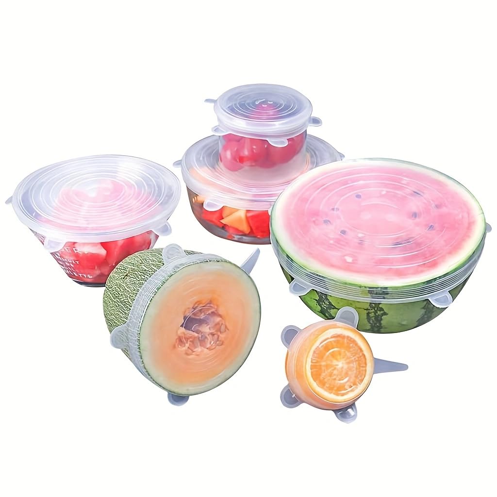 6-Piece Silicone Stretch Lids Set - Reusable Food Storage Covers for Bowls, Containers & Fruits (White) - Perfect for Meal Prep, Leftovers & Refrigerator Organization