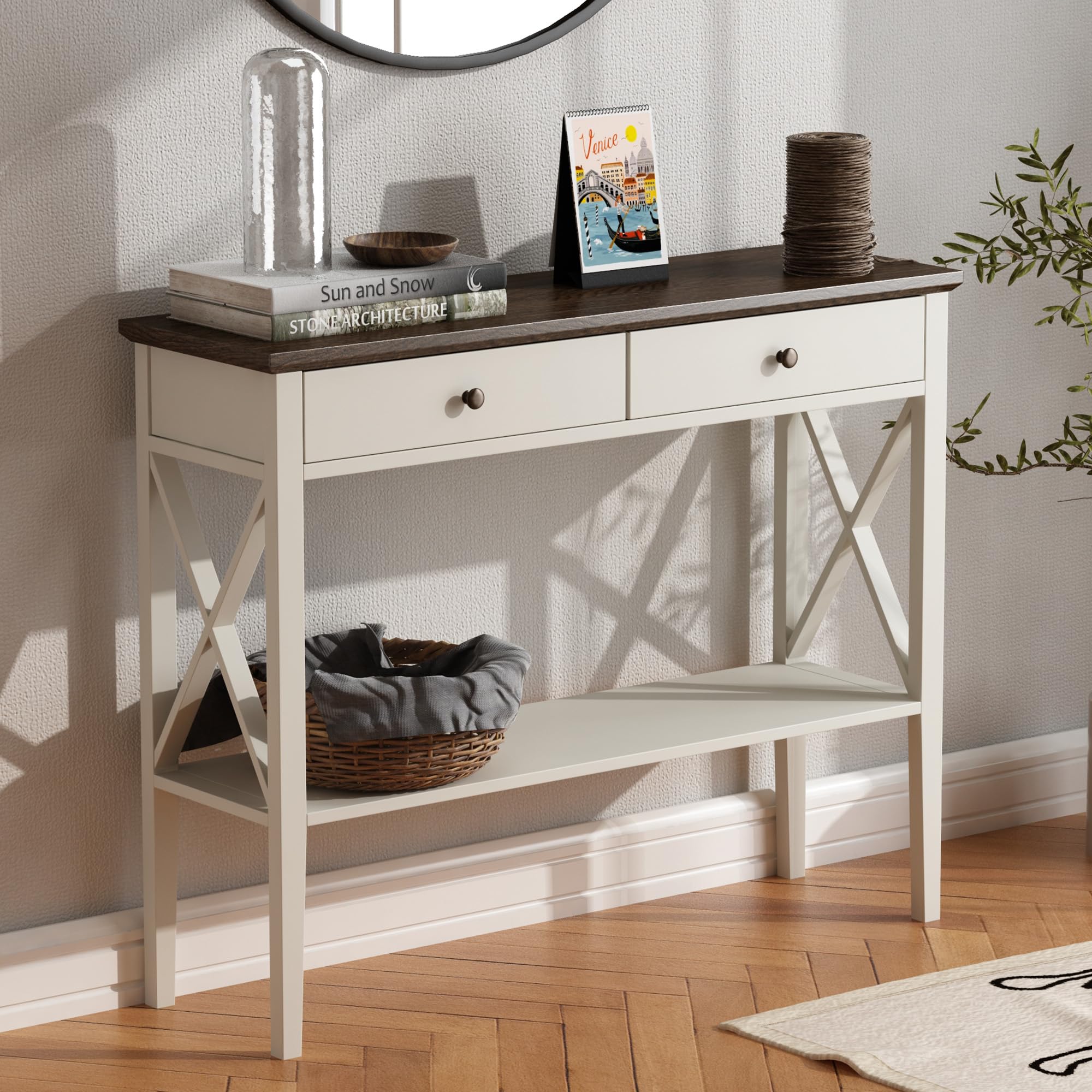 ChooChoo Farmhouse Console Table with Drawers - Narrow Wooden Sofa Table for Entryway, Hallway & Living Room - Antique White & Brown Finish - Perfect for Small Spaces & Home Decor Storage