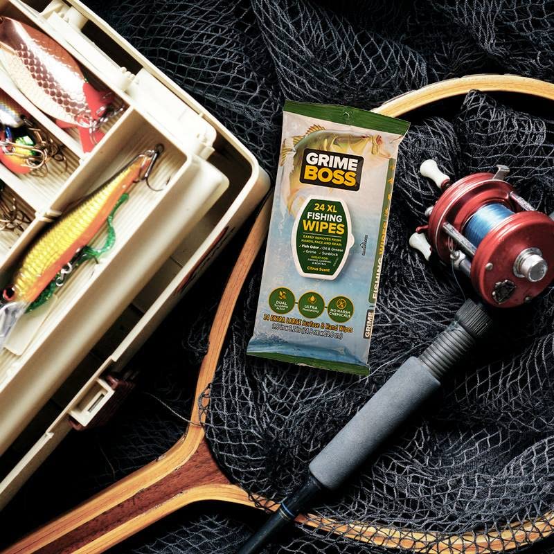Grime Boss Fishing Wipes (5 Packs of 24 Count) - Heavy Duty Hand & Gear Cleaning Wipes for Anglers - Removes Dirt, Oil & Fish Odor from Hands, Rods, Reels & Tackle Boxes - Perfect for Freshwater & Saltwater Fishing Trips