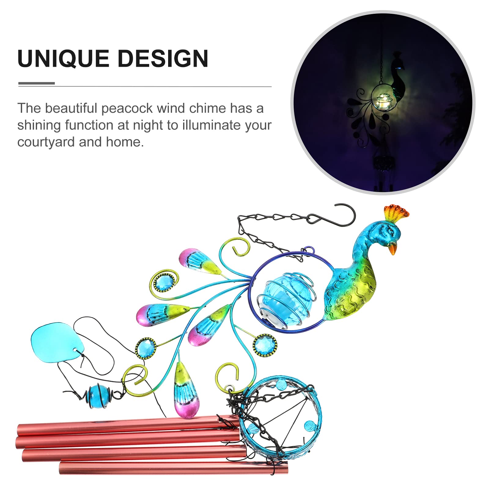 Solar Powered Peacock Wind Chime Lamp - Outdoor Garden Decoration with Ground Plug, Weatherproof LED Light for Patio, Yard & Landscape Lighting | Perfect for Backyard, Pathway & Garden Decor