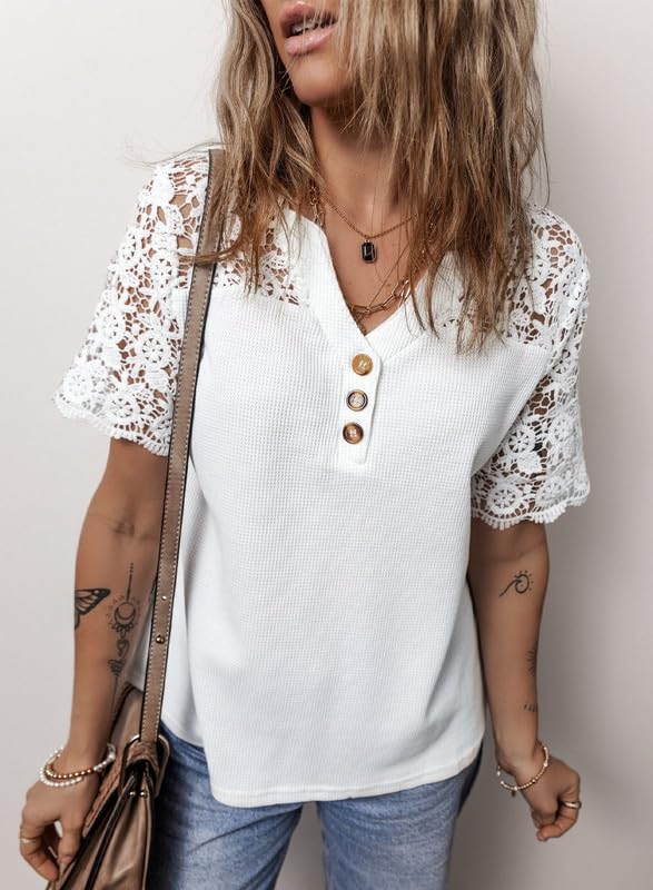 Dokotoo Women's V Neck Waffle Knit Tops Casual Short Sleeve Blouse Button Up Lace Splicing Summer Shirt - Perfect for Beach Outings, Date Nights & Office Wear