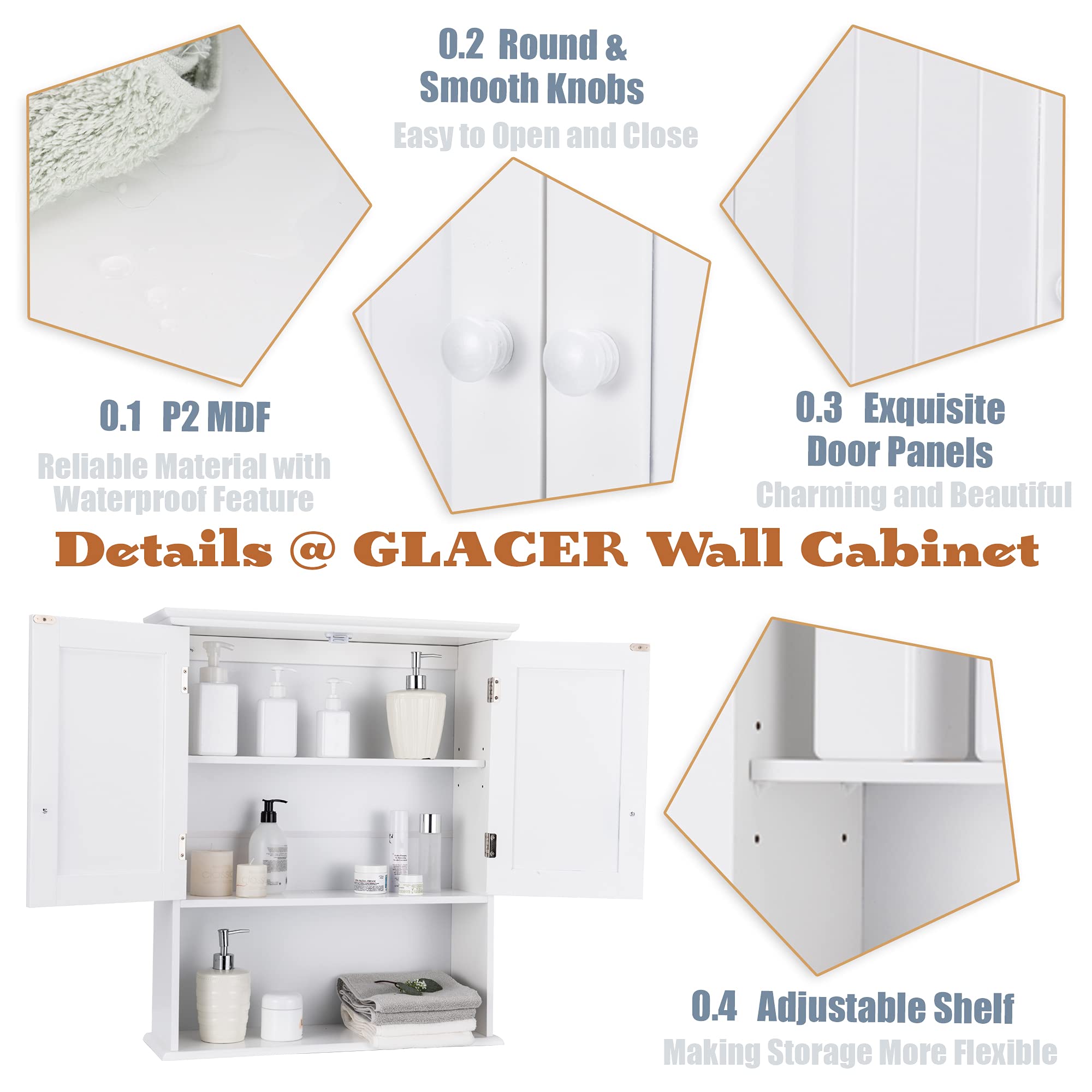 GLACER White Wall Mounted Storage Cabinet - Adjustable Shelf & Double Door Bathroom Medicine Cabinet for Bathroom, Living Room, Kitchen, Entryway - 23.5