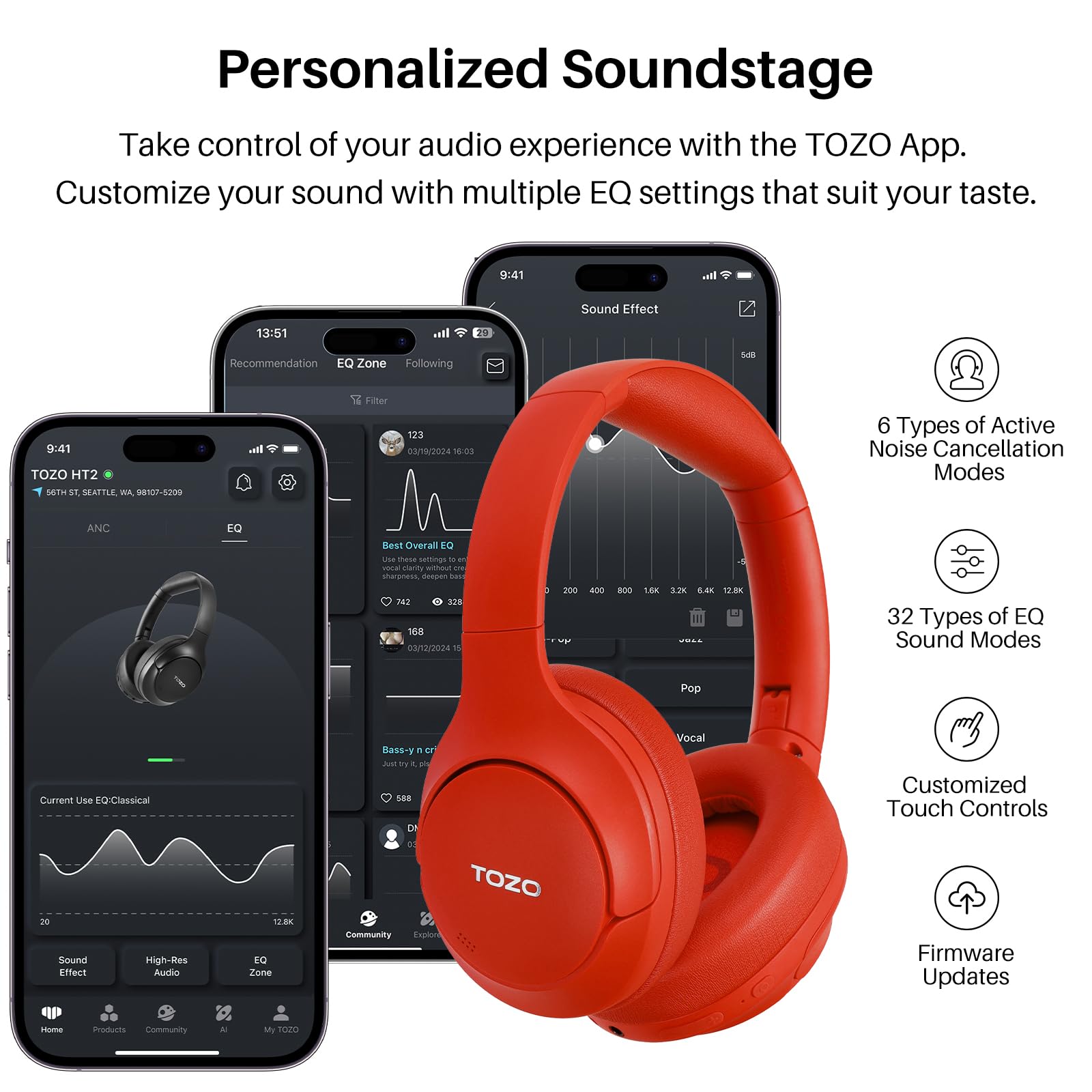 TOZO HT2 Hybrid Active Noise Cancelling Wireless Headphones - 60H Playtime, Hi-Res Audio, Deep Bass, Foldable & Lightweight Over-Ear Bluetooth Headphones for Workout, Travel & Office Use