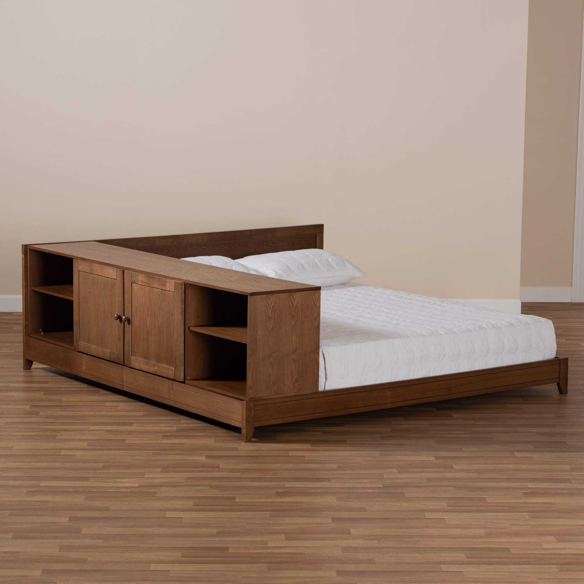 Baxton Studio Queen Size Walnut Platform Bed Frame - Modern Solid Wood Bed with Storage Space for Bedroom, Guest Room, Dorm
