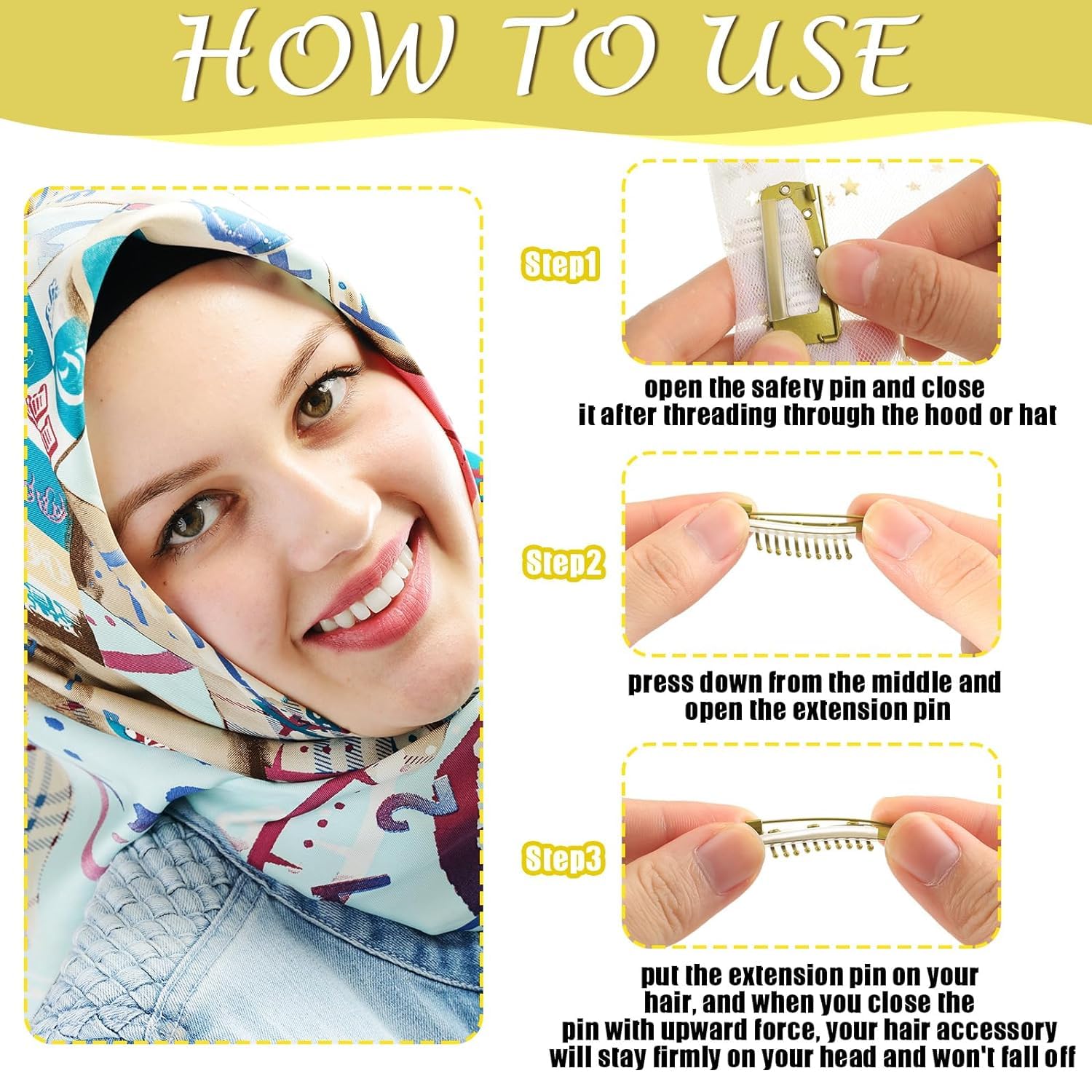 ADRONISH 4-Piece Strong Grip Wig Clips with Safety Pins - 10 Teeth Dupatta Hair Extension Clips for Women (Gold & Black) - Perfect for Securing Wigs, Dupattas, and Hair Extensions for Daily Wear or Special Occasions