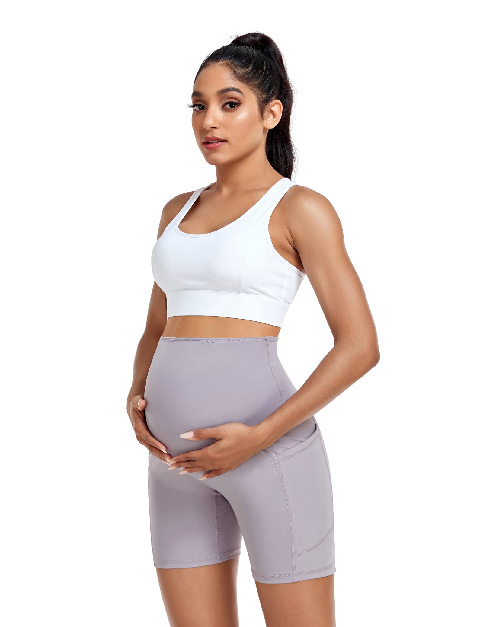 HOFISH Women's Maternity Shorts - Over The Belly Pregnancy Bike Shorts with Pockets for Workout, Running & Active Wear - Perfect for Yoga, Gym & Daily Comfort