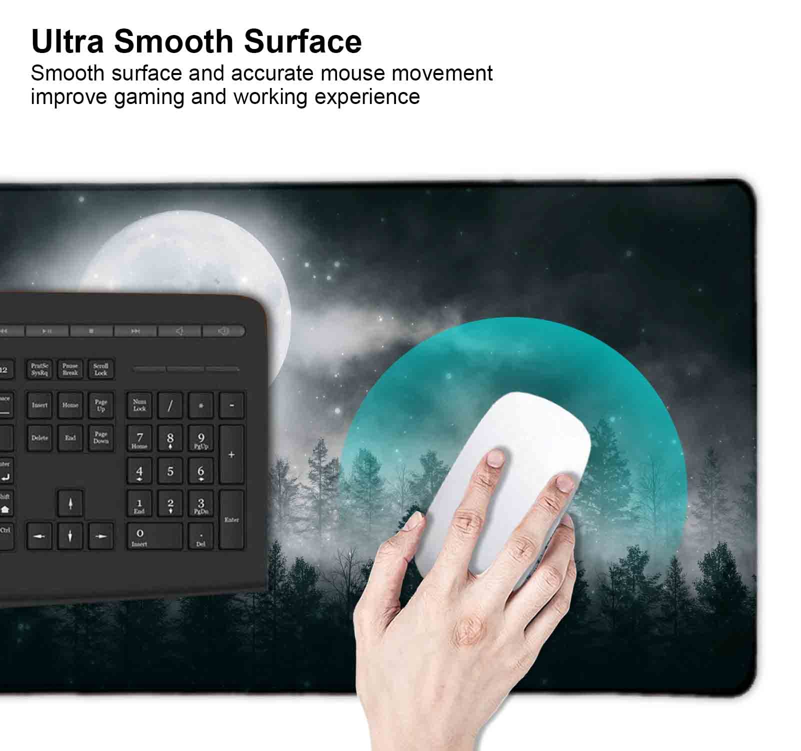 Full Moon Snow Fog Mouse Pad - Extra Large Dark Misty Forest Design, Non-Slip Rubber Base XXL Gaming Mouse Mat for Full Desk - Perfect for PC Gaming, Office Work & Home Computer Setup