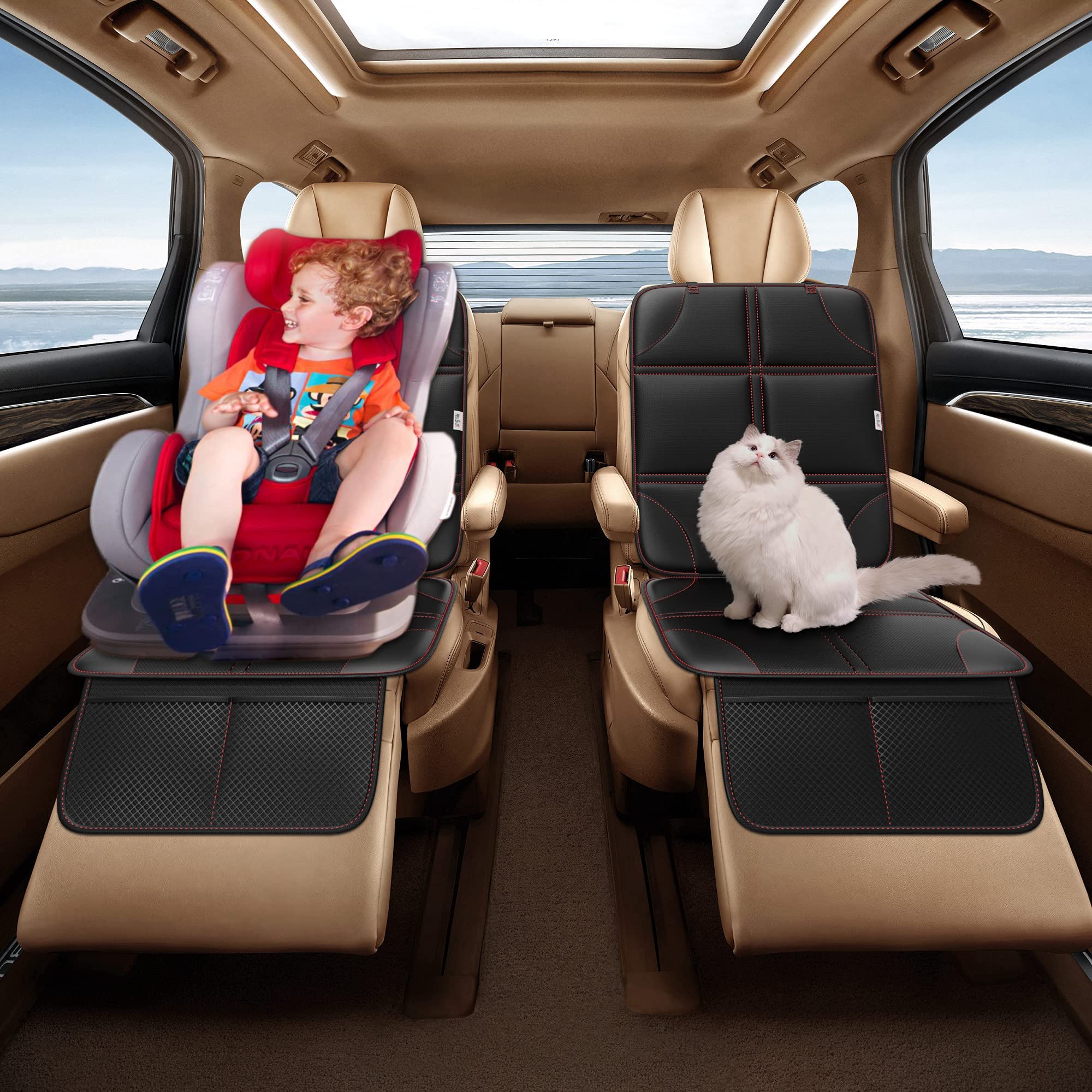 Premium Car Seat Protector - Non-Slip Waterproof Seat Cover for SUV, Sedan & Truck | Thick Leather Protector with Red Stitching (Black) | Perfect for Pets, Kids & Commuting