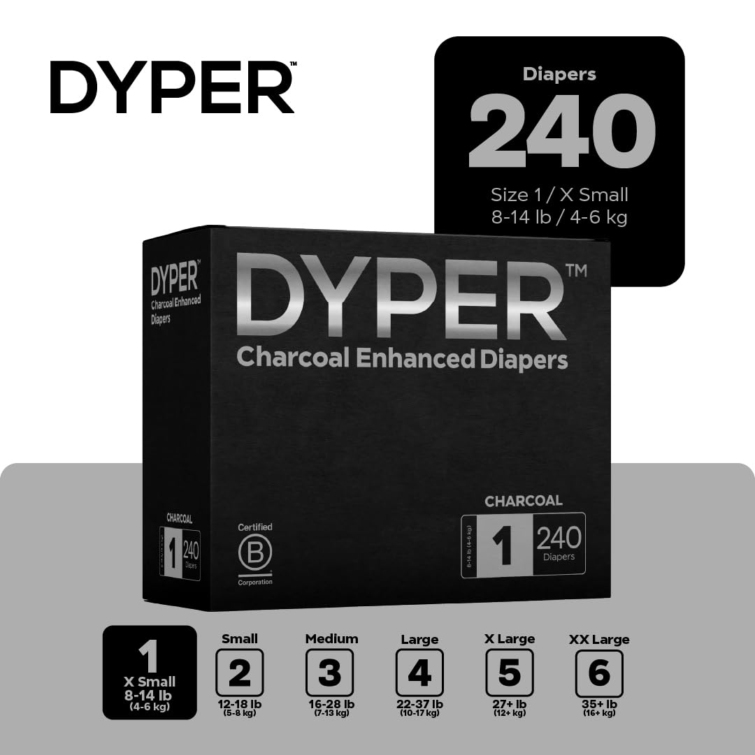 DYPER Charcoal Enhanced Diapers - Plant-Based Baby Diapers for Sensitive Skin | Hypoallergenic & Eco-Friendly | Size 1 (240 Count) | Day & Overnight Protection | Perfect for Newborns & Active Babies