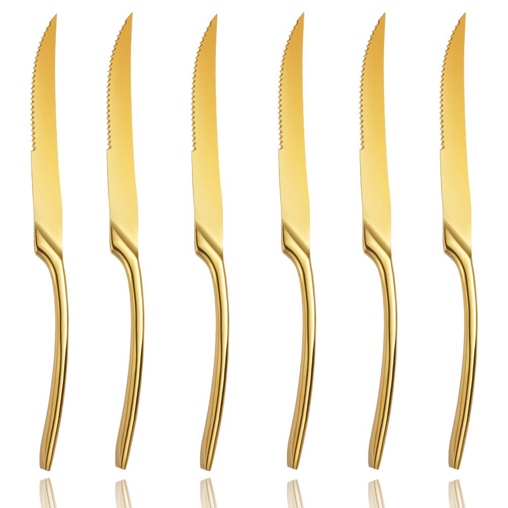 Premium 6-Piece Stainless Steel Gold Steak Knives Set - 10 Inch Serrated Blades, Mirror Polished, Dishwasher Safe - Perfect for Steakhouse Dinners, BBQs, and Fine Dining at Home