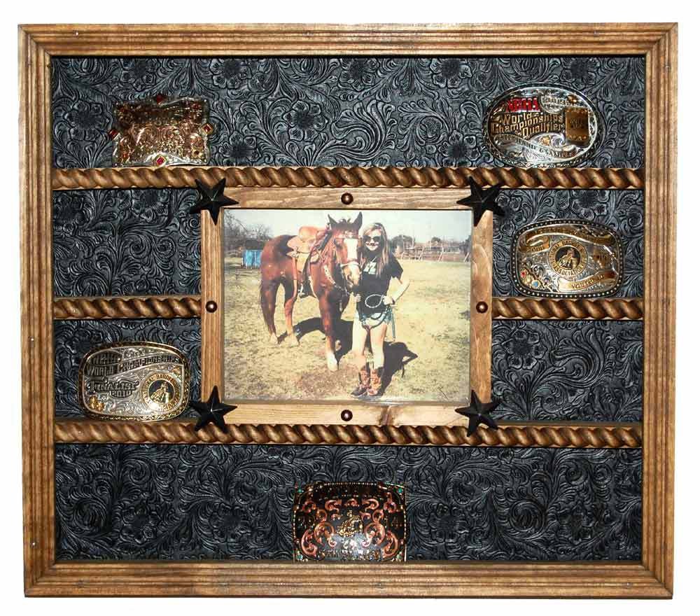 14 Buckle Display with 8x10 Picture Frame - Brown Faux Leather Photo Holder for Wall Decor, Wedding, Family Photos & Office Display