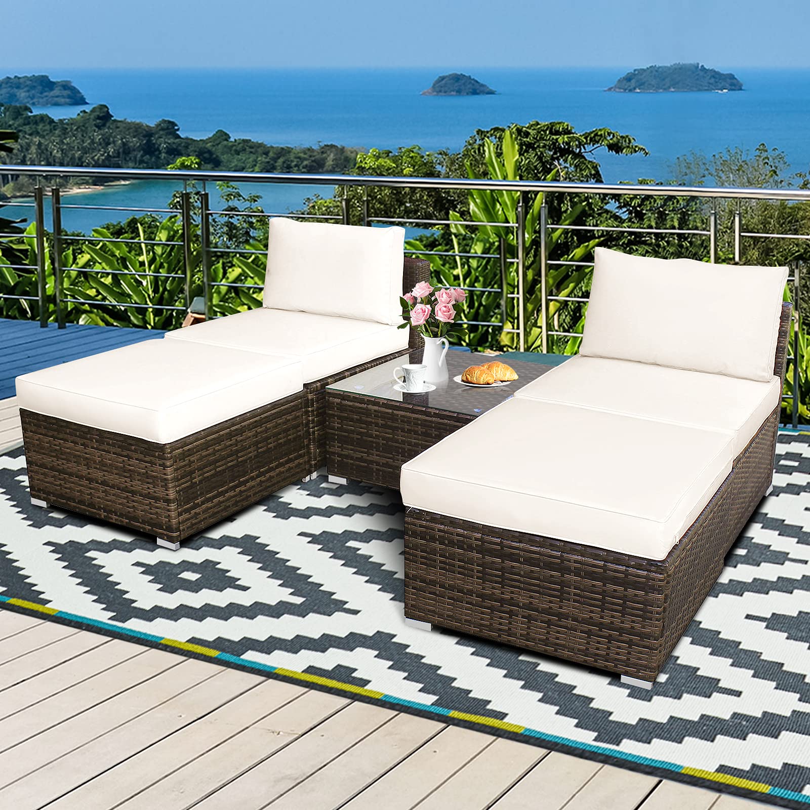 Tangkula 5-Piece Wicker Patio Furniture Set with Tempered Glass Coffee Table - Outdoor Conversation Set Includes 2 Armless Sofas, 2 Ottomans & Side Table - Washable Zippered Cushions for Porch, Garden or Poolside Relaxation