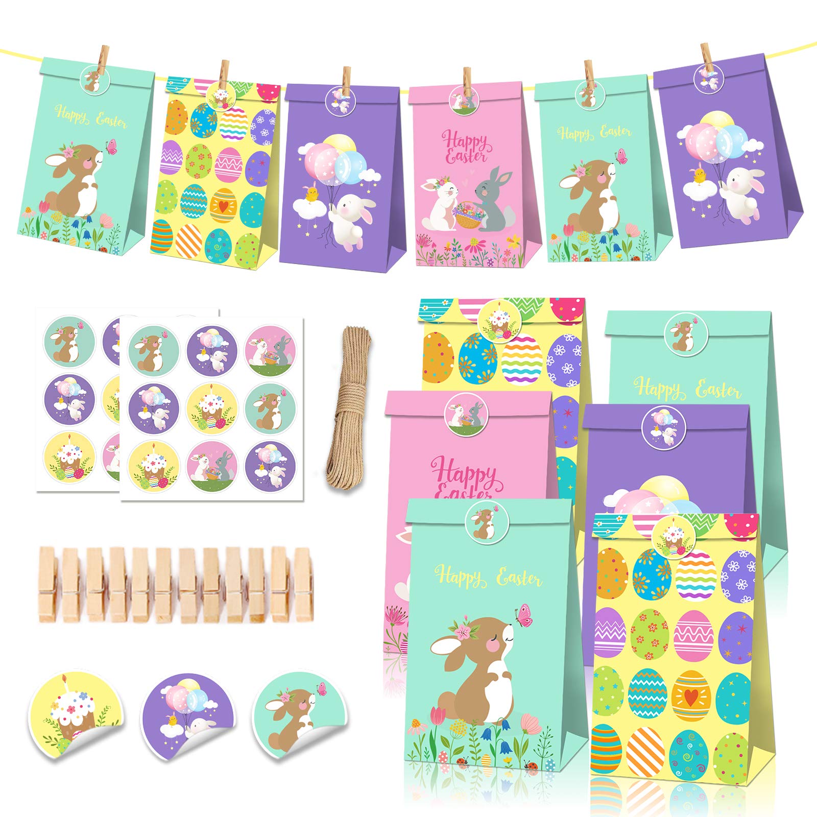 24 Pack Easter Party Favor Bags - Colorful Paper Gift Bags for Cookies, Cakes, Candies & Chocolates | Perfect for Holiday, Birthday, Graduation Party Decorations & Snack Packaging | Great for Easter Egg Hunts, Classroom Treats & Party Favors