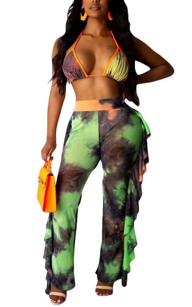 Women's Tie Dye Bikini Top & Ruffle Wide Leg Pants 2-Piece Outfit - Summer Beach Cover Up, Yoga Lounge Set, Boho Festival Wear, Club Vacation Outfit