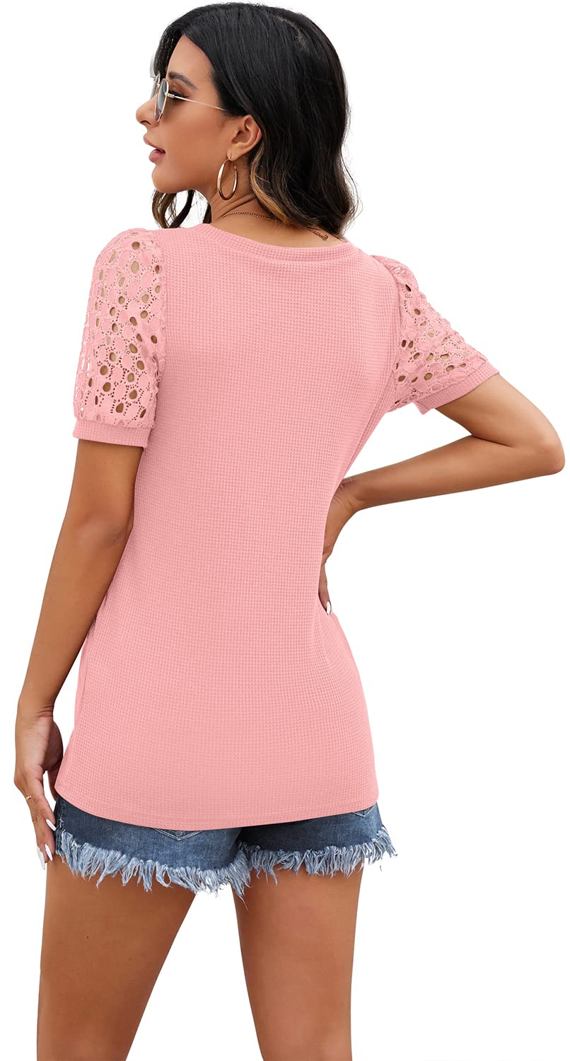 IWOLLENCE Women's Waffle Knit Lace Short Sleeve V-Neck T-Shirt - Summer Casual Blouse Top for Outfits, Beach Wear & Daily Comfort
