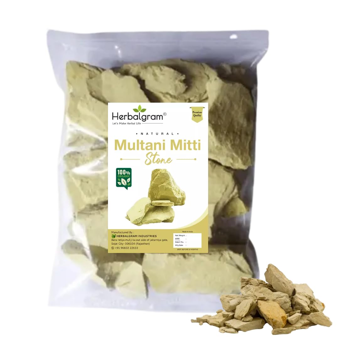 Herbalgram Natural Multani Mitti Stone Fuller's Earth & Calcium Bentonite Clay - 300g Face & Hair Mask for Acne, Blackheads & Scalp Detox | Organic Skin Care & Hair Treatment for Glowing Skin & Healthy Hair